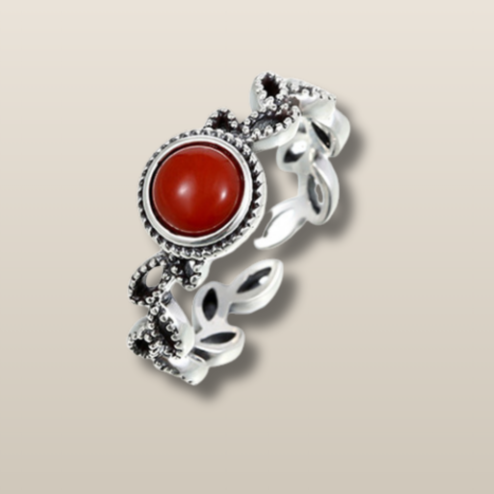 White Jade Red Agate Silver Healing Ring