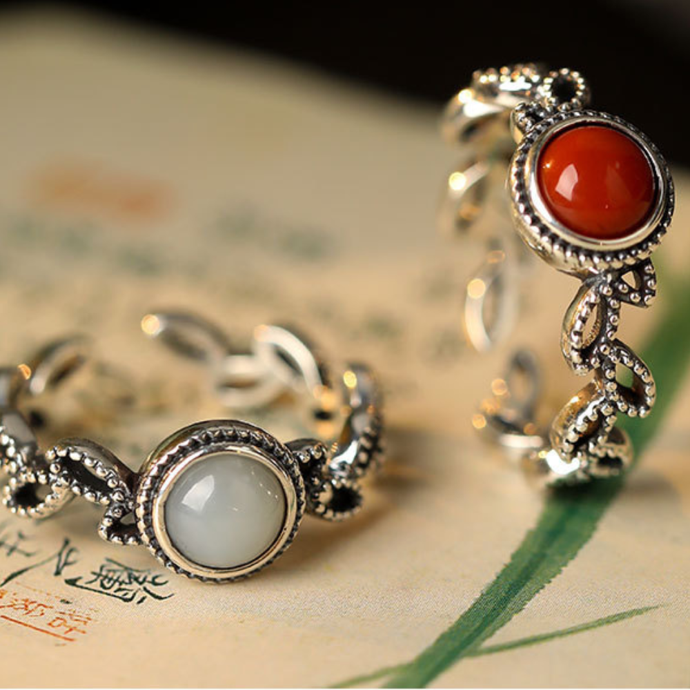White Jade Red Agate Silver Healing Ring