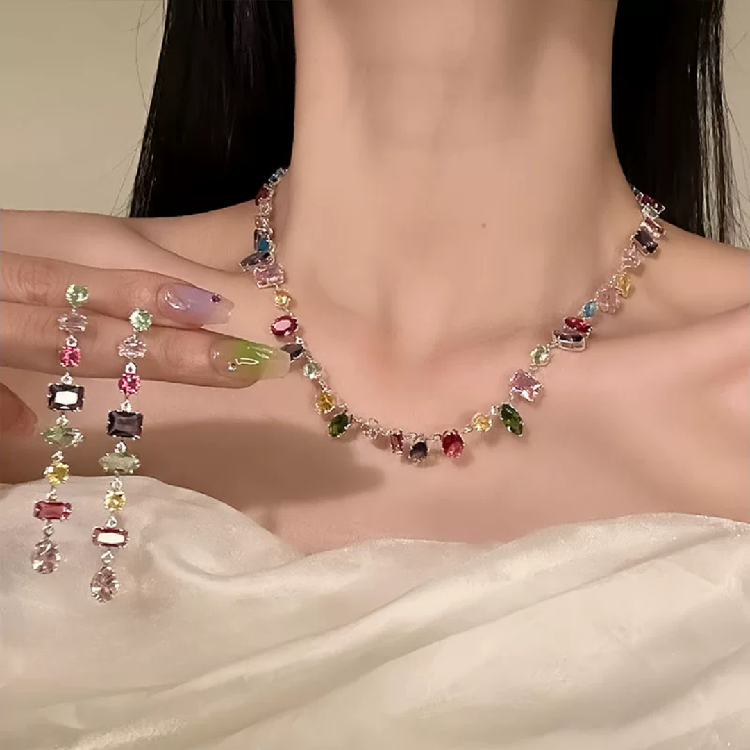 Dopamine Colorful Crystal Rainbow Gemstone Statement Necklace / Bracelet / Earrings
