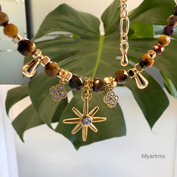 Natural Stone Layering Necklace  Tarnish-Free Star Charm Choker Vintage Maillard Style Layered Jewelry for Her