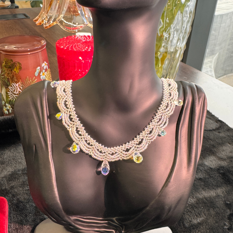 Handwoven Crystal Teardrop Pendant Iridescent Beaded Lace Statement Necklace / Bracelet