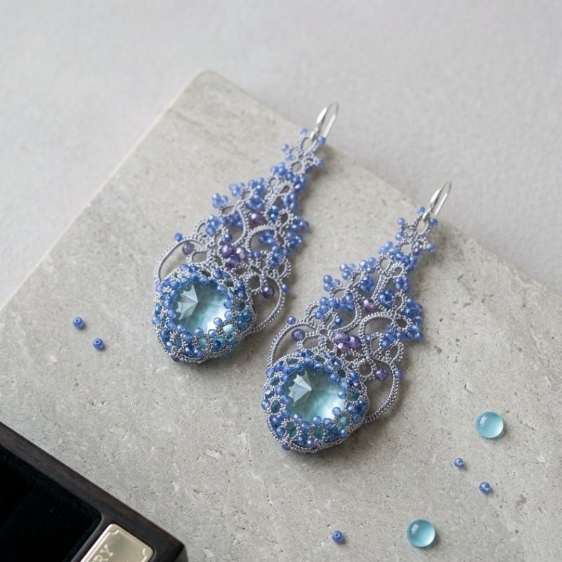 Hand-Tatted Natural Aquamarine Lace Earrings S925 Sterling Silver Elegant Unique Statement Jewelry