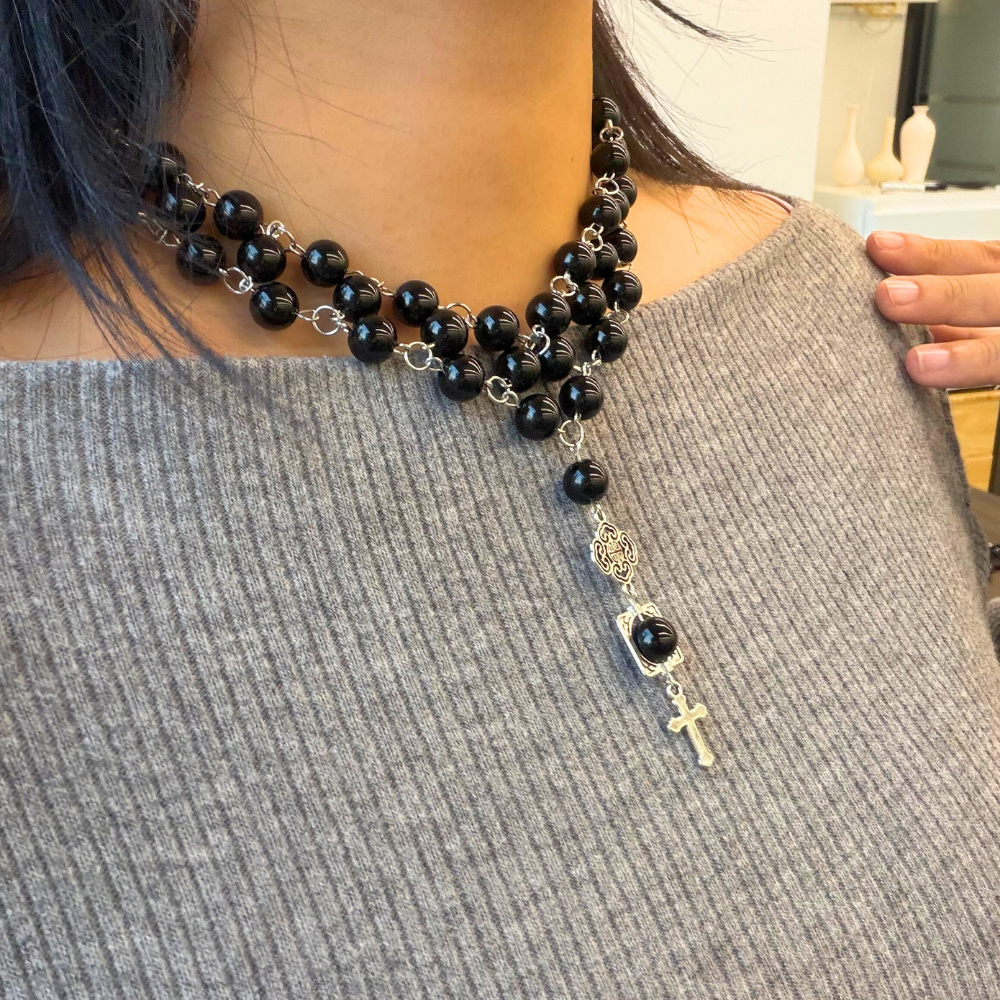 Bead Layered Cross Pendant Choker Necklace