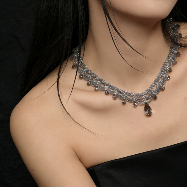 Handwoven Crystal Lace Vintage Beaded Statement Choker Necklace