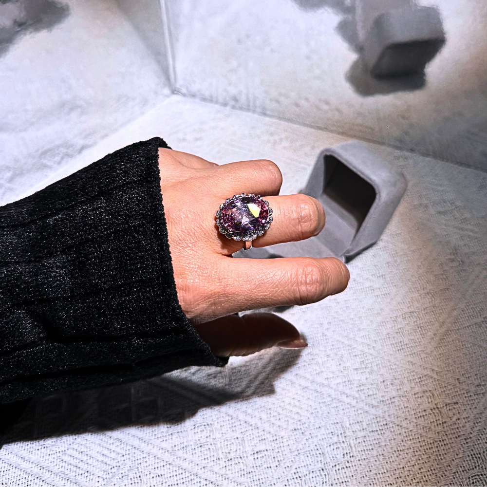 Pink Oval Halo Adjustable Plated Ring