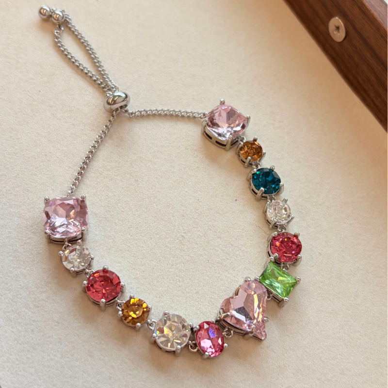 Rainbow Cubic Zirconia S925 Sterling Silver Tennis Bracelet Adjustable Dainty Colorful Jewelry