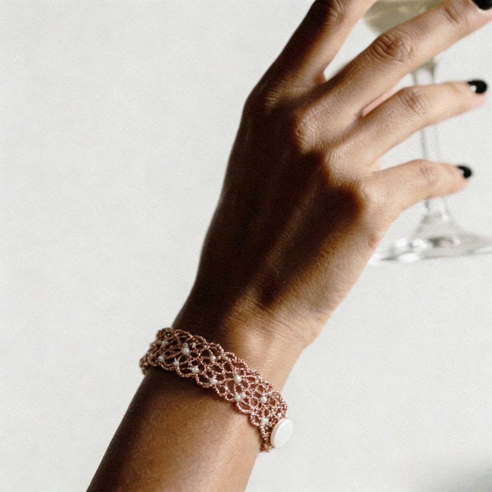 Handwoven Pearl Lace Pattern Openwork Bracelet