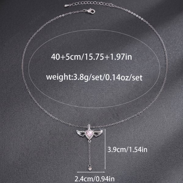 Sparkling Pink CZ Heart Angel Wings Necklace for Women, Y2K Coquette Aesthetic Tassel Pendant Jewelry Gift