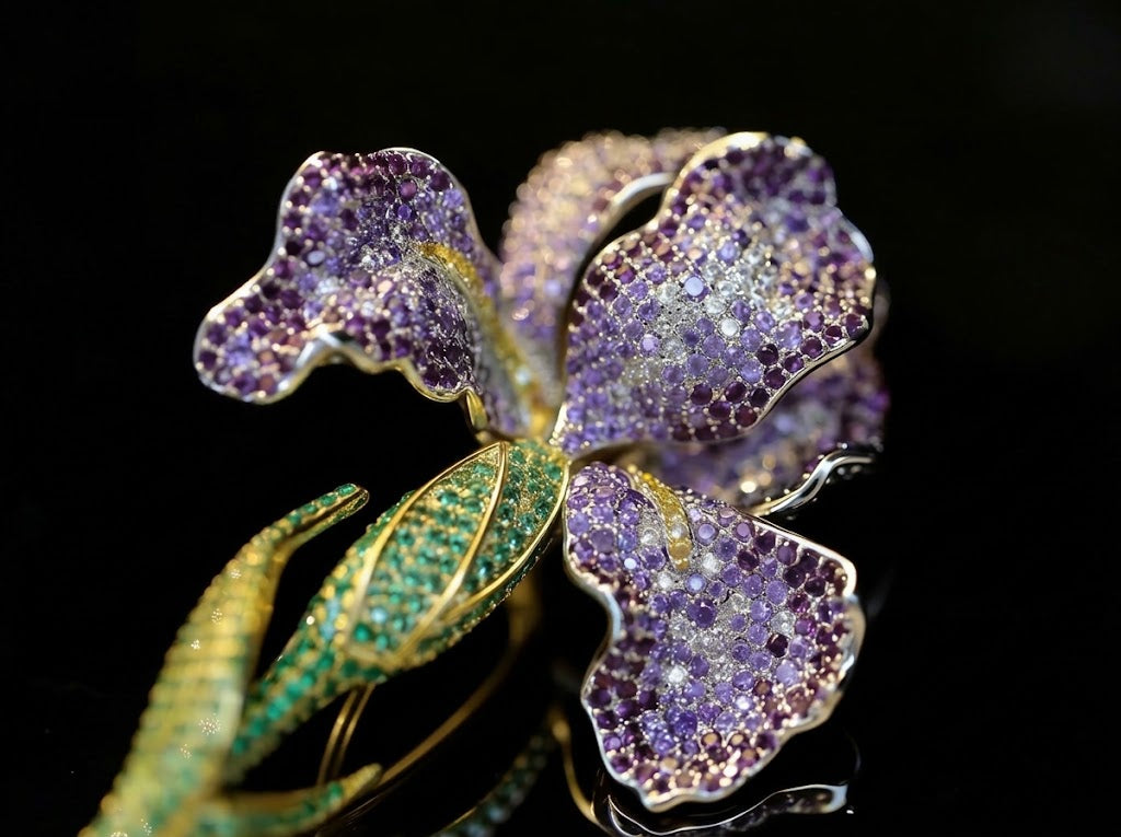 Luxurious French Gradient Purple Iris Flower Brooch Pin & Matching Bracelet Jewelry Gift for Womenv