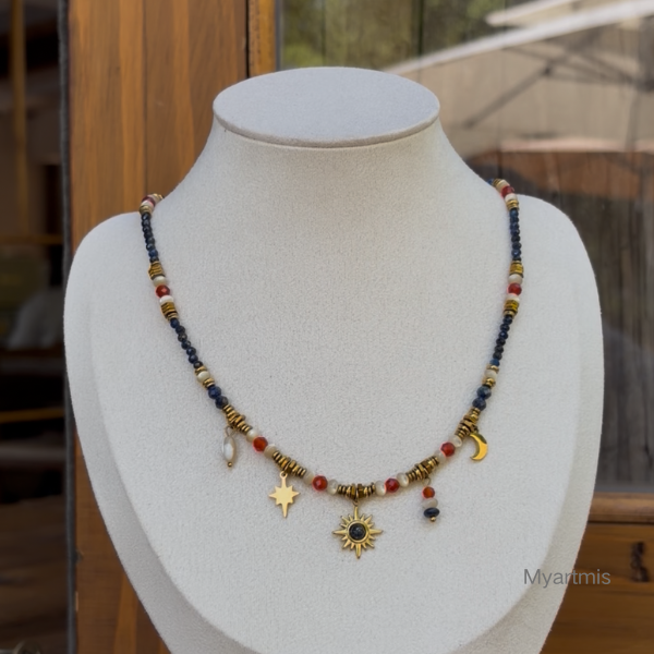 Celestial Natural Stone Layering Necklace, Tarnish-Free Star & Moon Choker, 520 Valentine's Gift for Her, Retro Aesthetic Jewelry