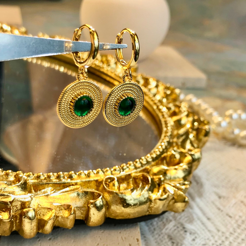 Green Agate Gold Medallion Energy Earrings