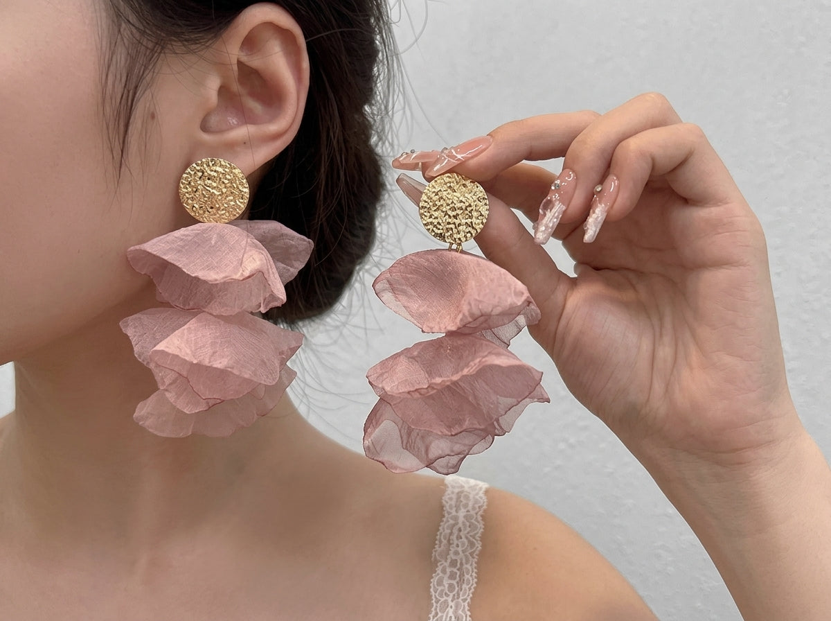 Handmade Chiffon Flower Petal Earrings, Long Floral Dangle Earrings, 925 Silver Post, Elegant Beach Vacation Jewelry Gift for Her