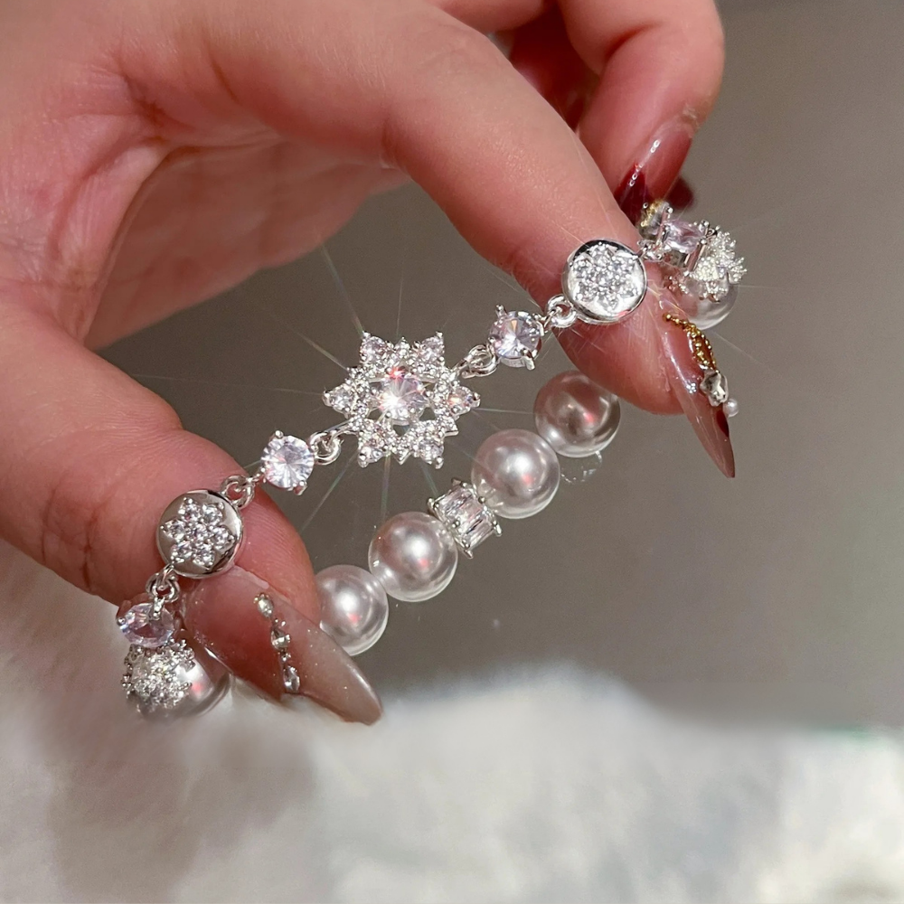 Crystal Snowflake and Pearl Bracelet