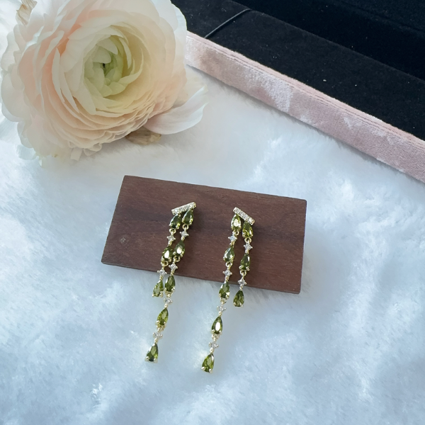 Green Teardrop Cubic Zirconia Dangle Elegant Statement Earrings