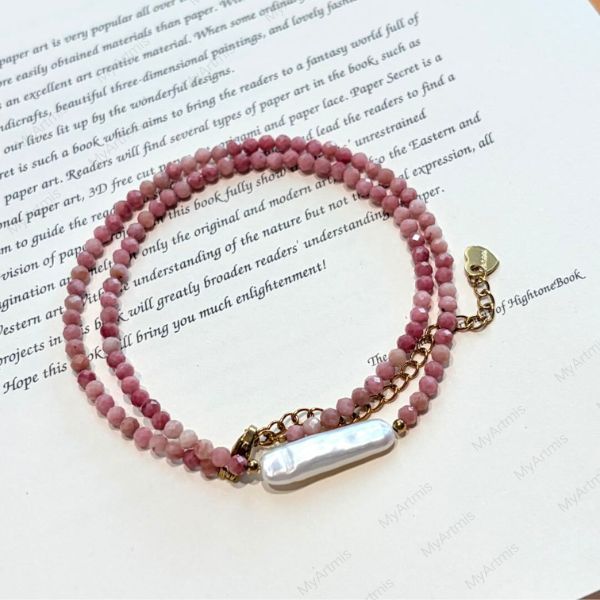 Elegant Natural Pink Stone Beaded Necklace, Baroque Pearl Charm Choker,
