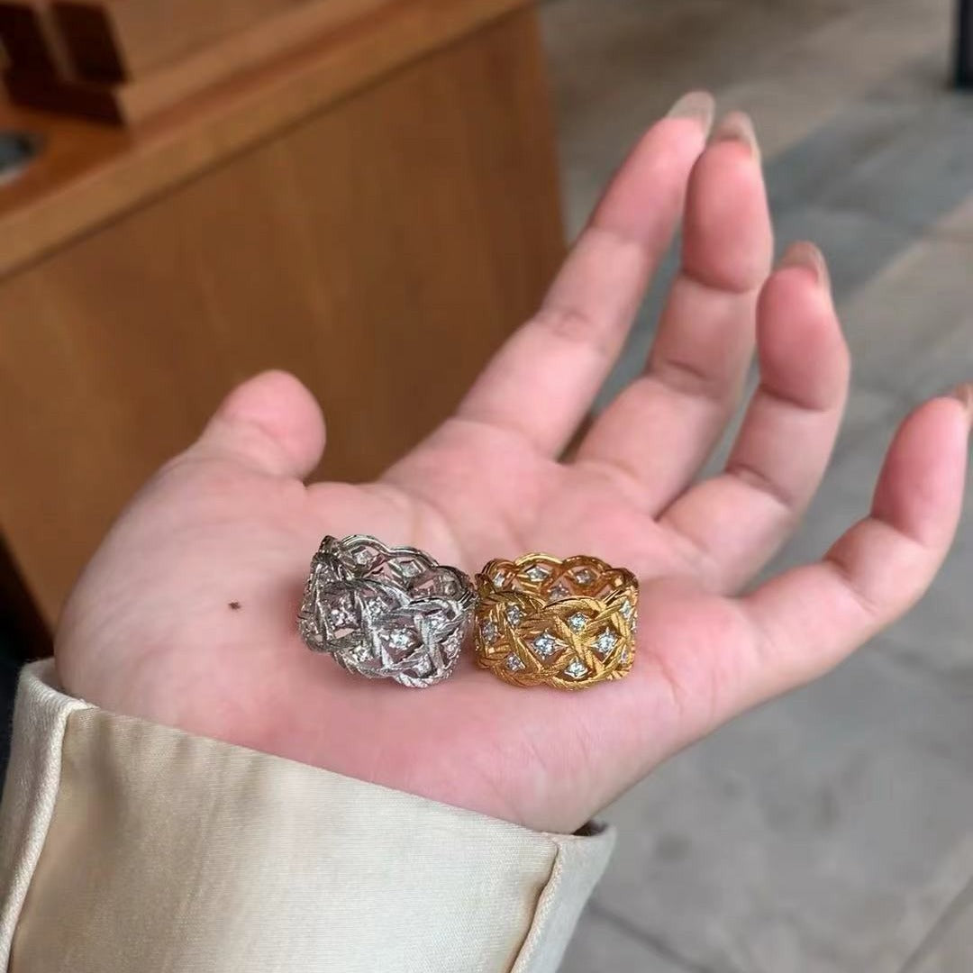 Vintage Woven Hollow Crystal Openwork Band Ring