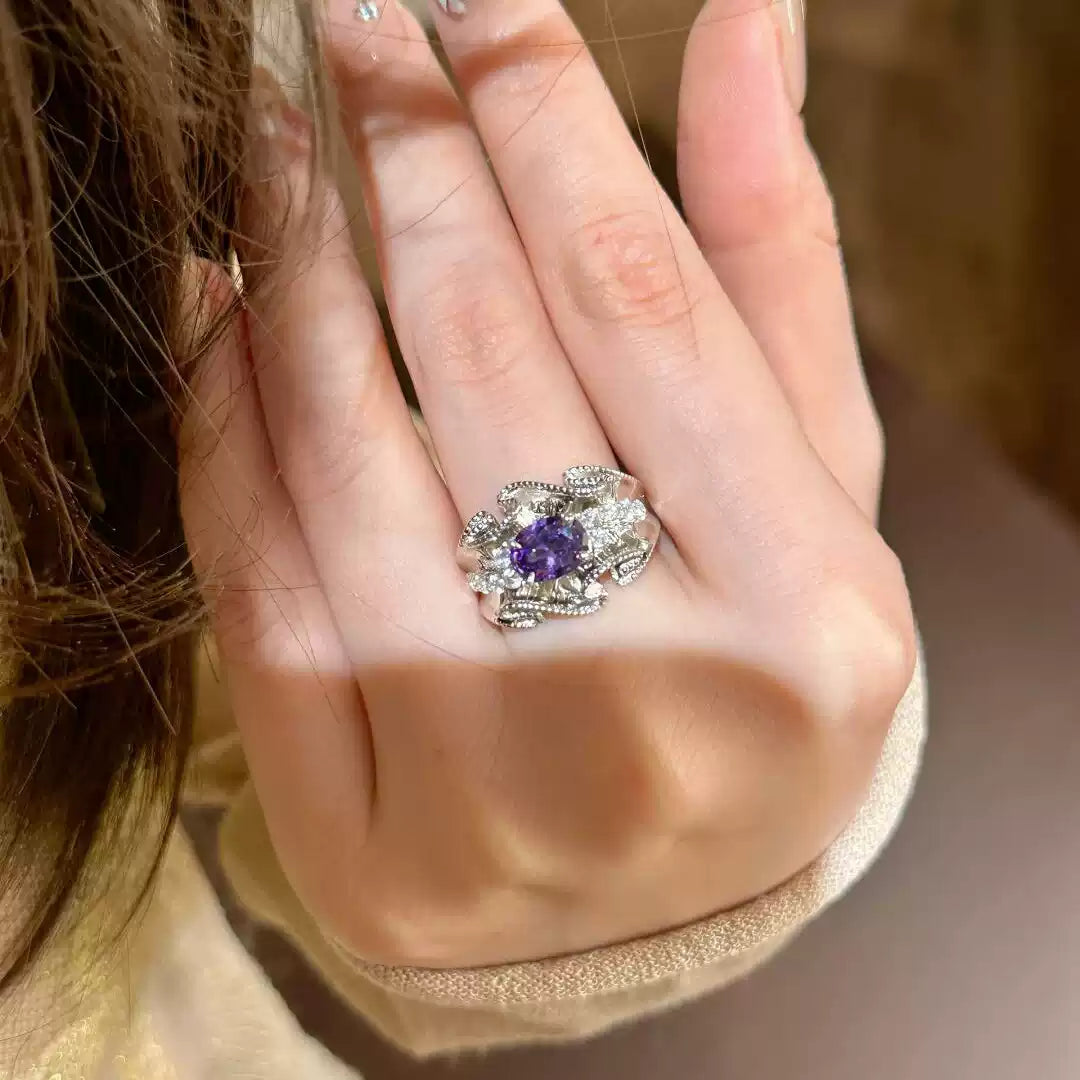 Baroque Crystal Gem Statement 925 Silverd Plated Ring