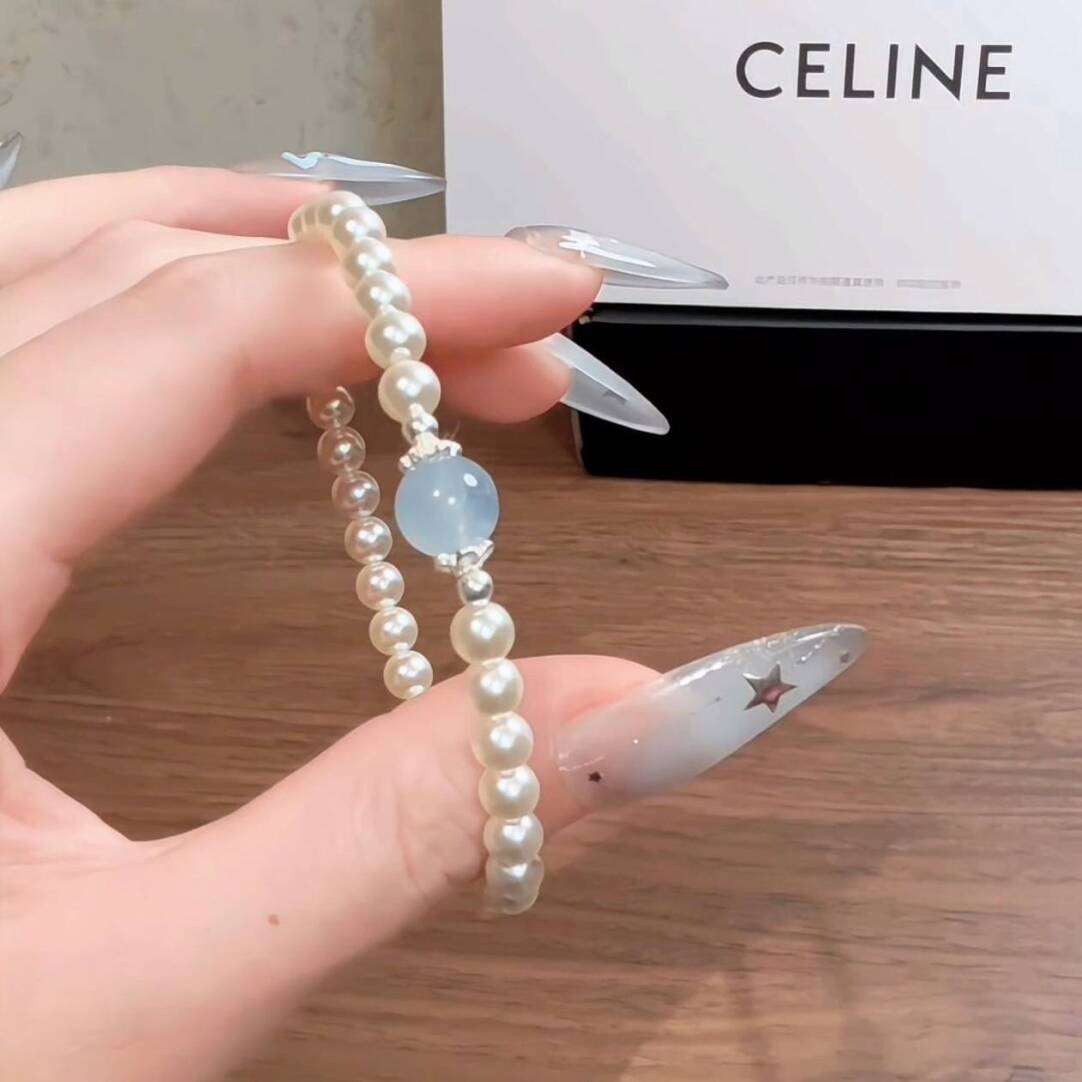 Aquamarine Freshwater Pearl 925 Silver Beaded Bracelet