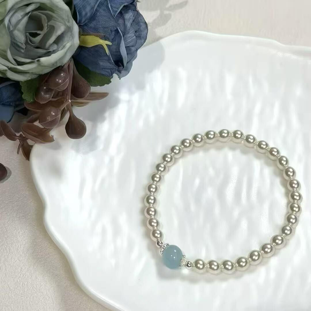 Aquamarine Freshwater Pearl 925 Silver Beaded Bracelet