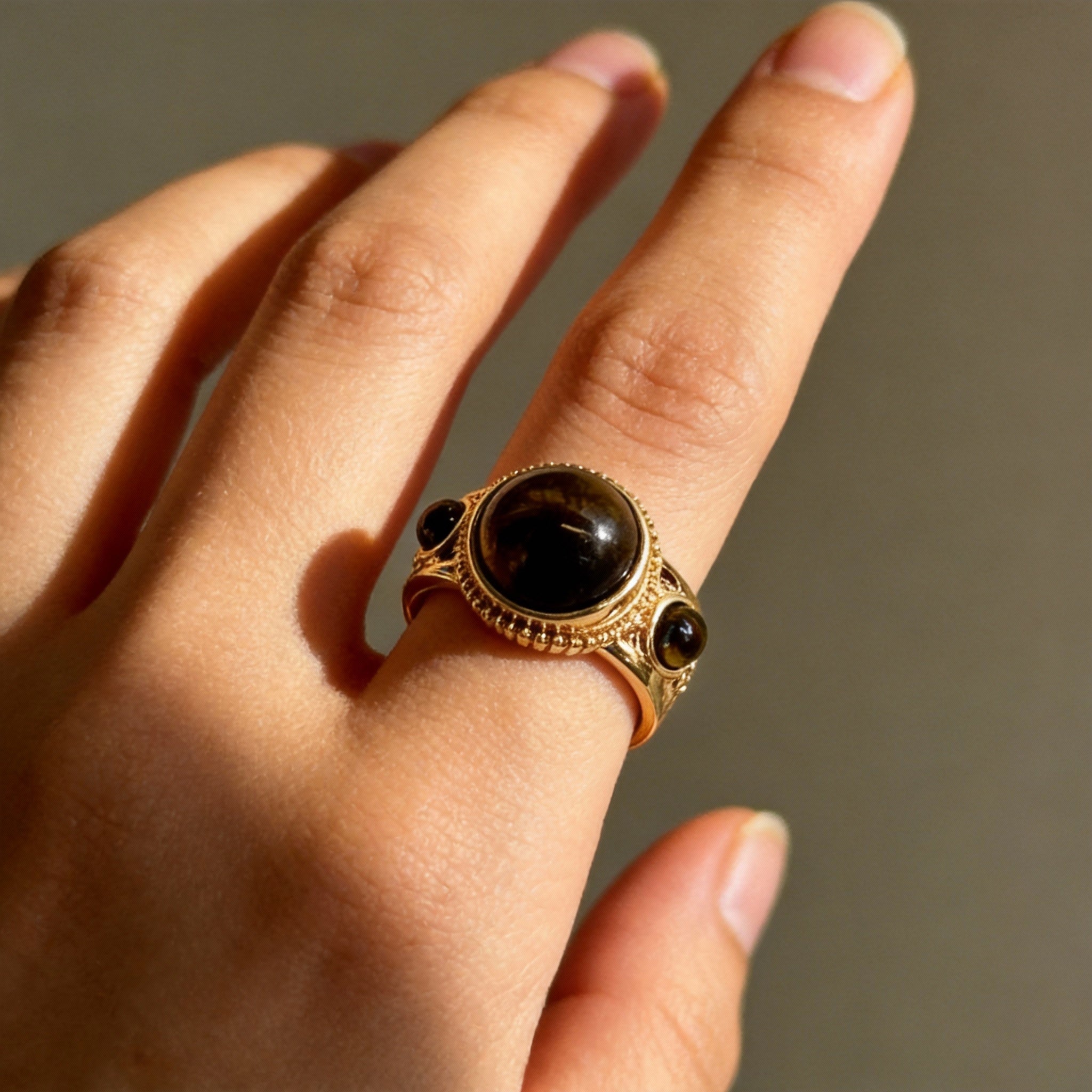 Tiger Eye Gold Vintage Dome Open Adjustable Statement Ring