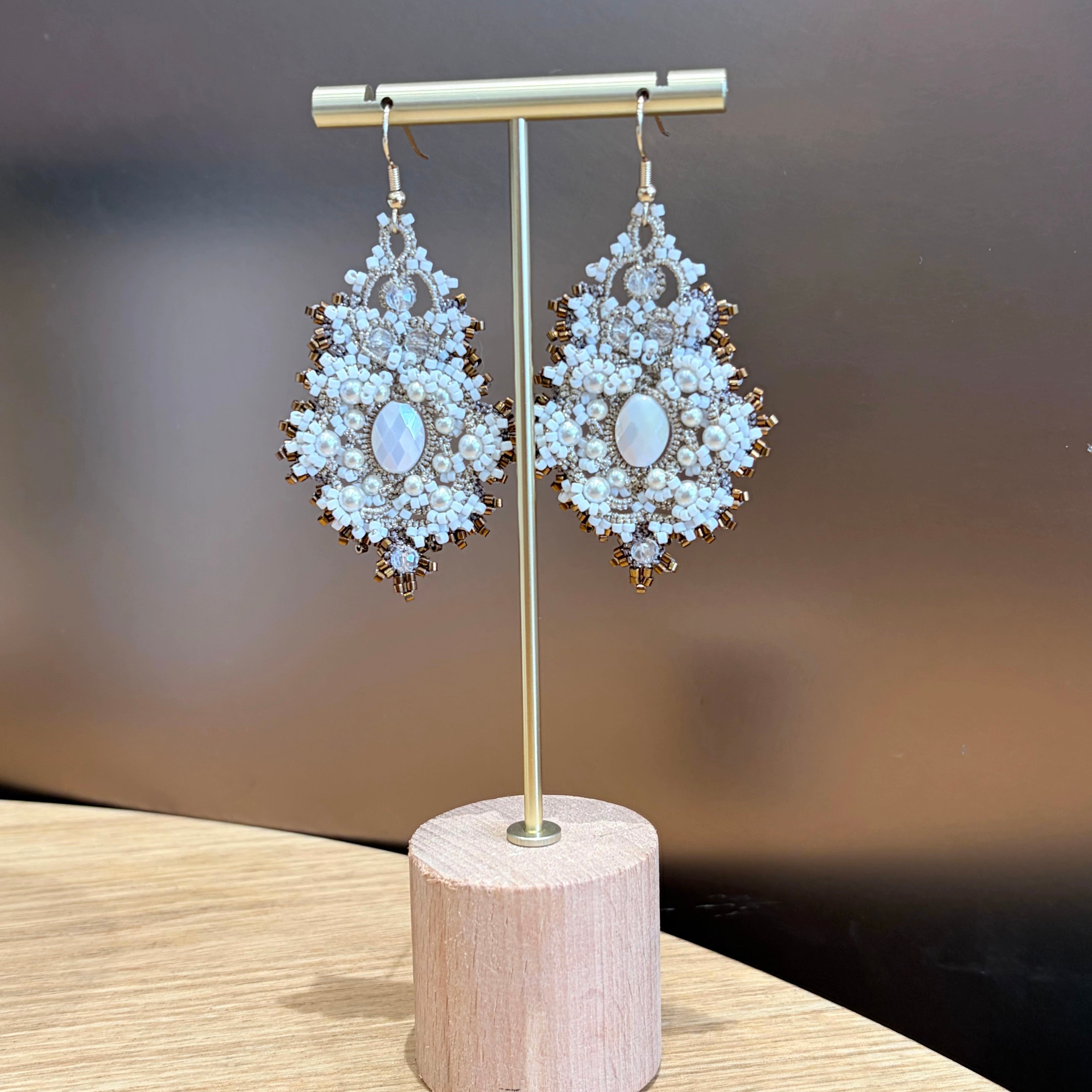 Handwoven Pearl Crystal Beaded Lace Statement Earrings