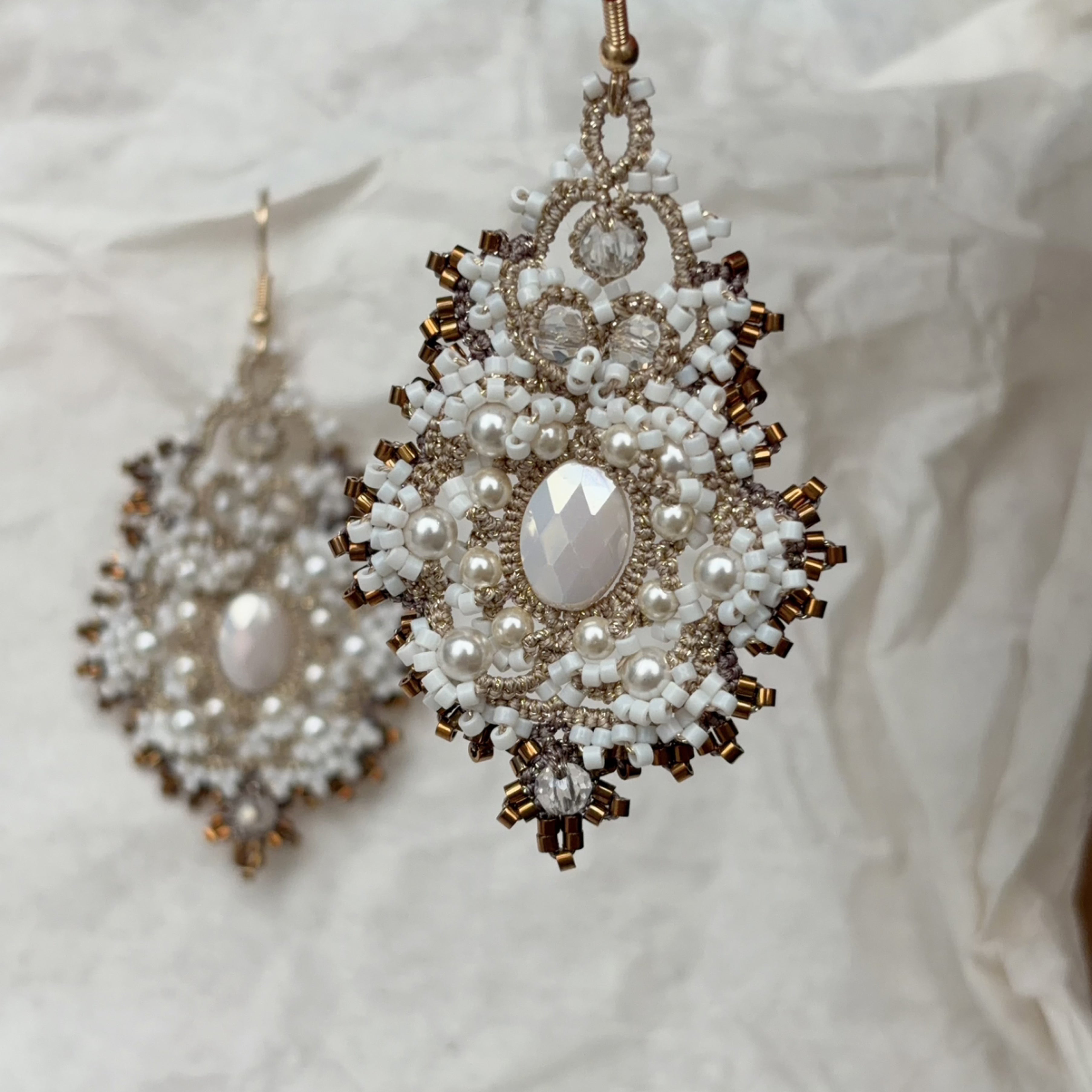 Handwoven Pearl Crystal Beaded Lace Statement Earrings