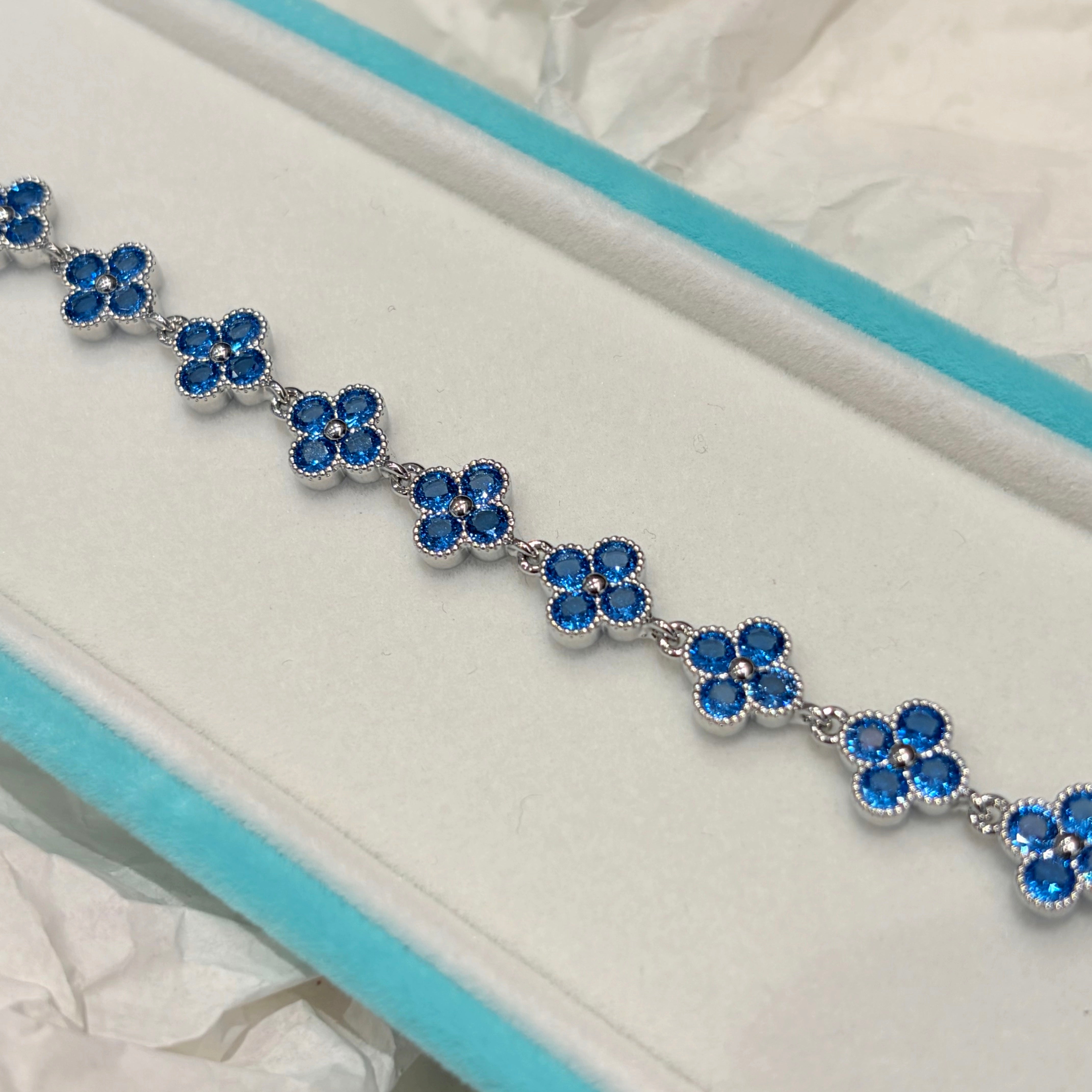 Blue Crystal Four-Leaf Clover Lucky Flower Charm Bracelet