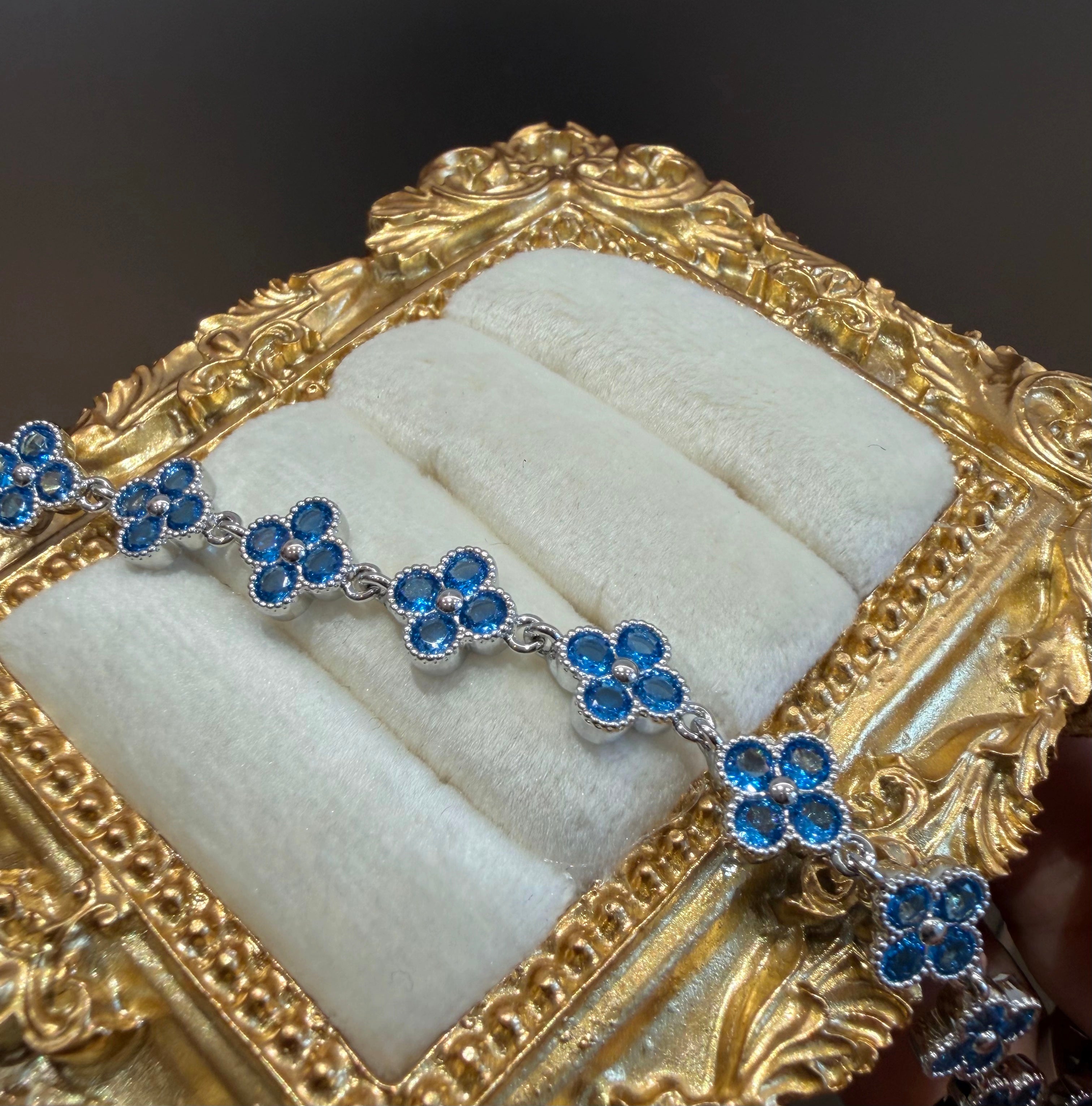 Blue Crystal Four-Leaf Clover Lucky Flower Charm Bracelet