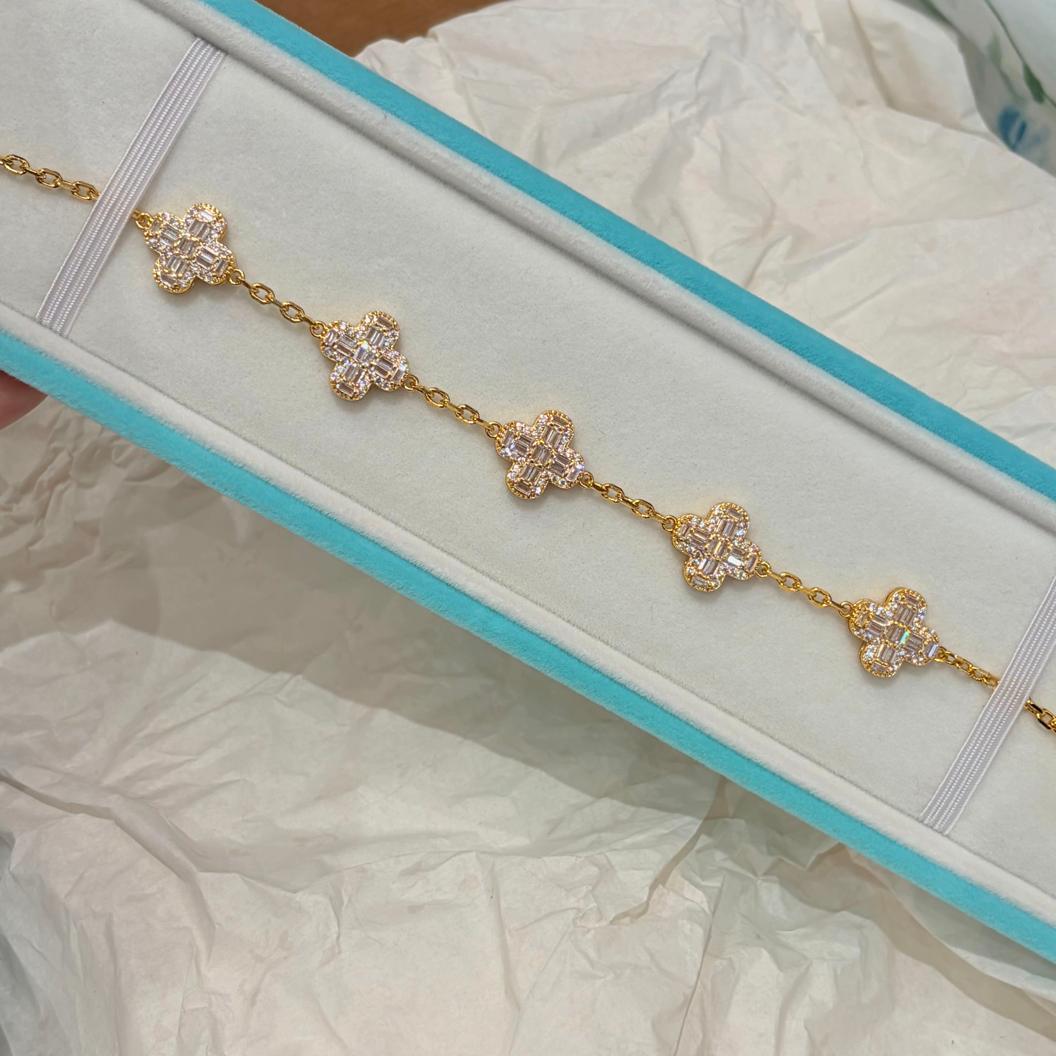 Gold Crystal Four-Leaf Clover Lucky Flower Charm Bracelet