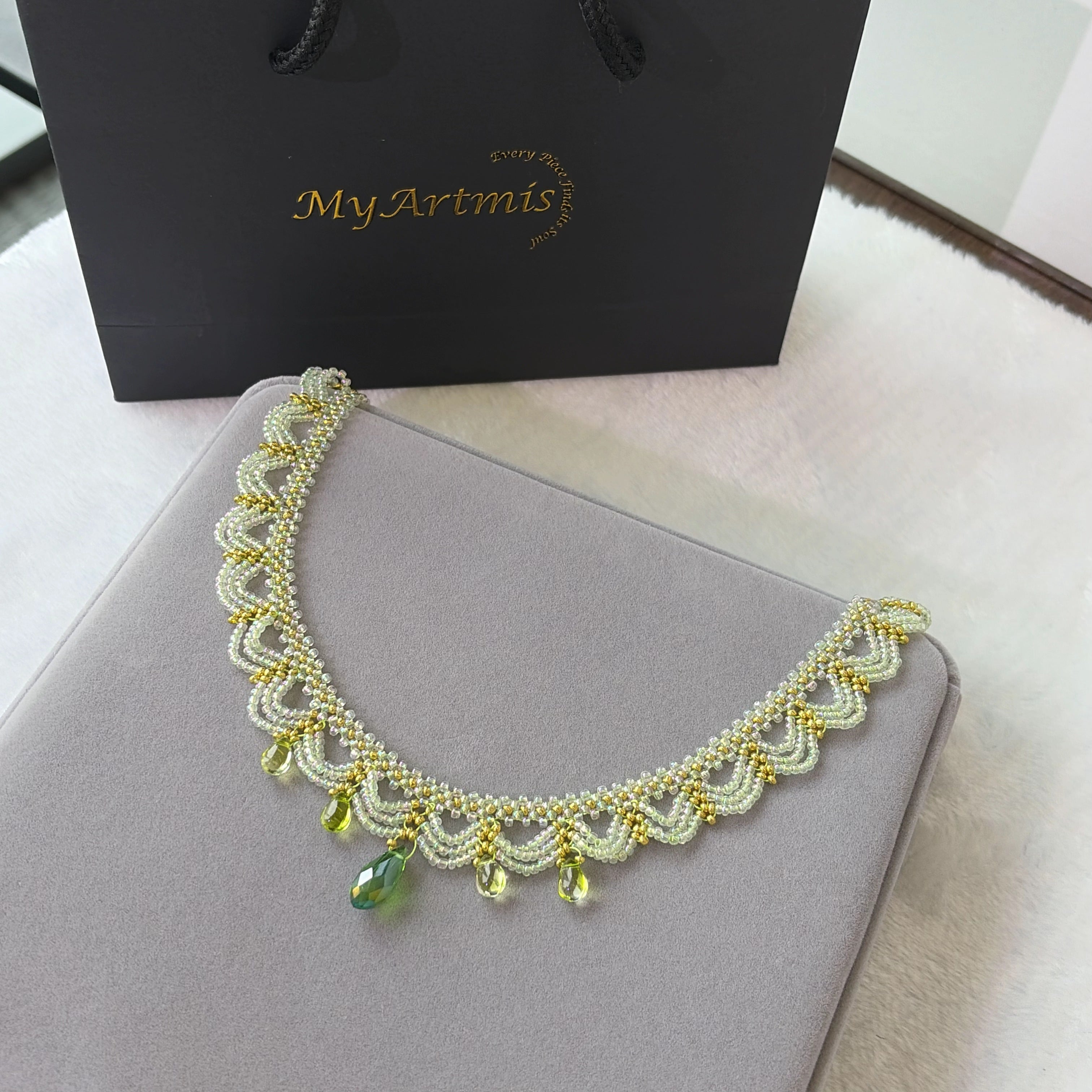 Handwoven Green Lace Beaded Choker Boho Statement Necklace