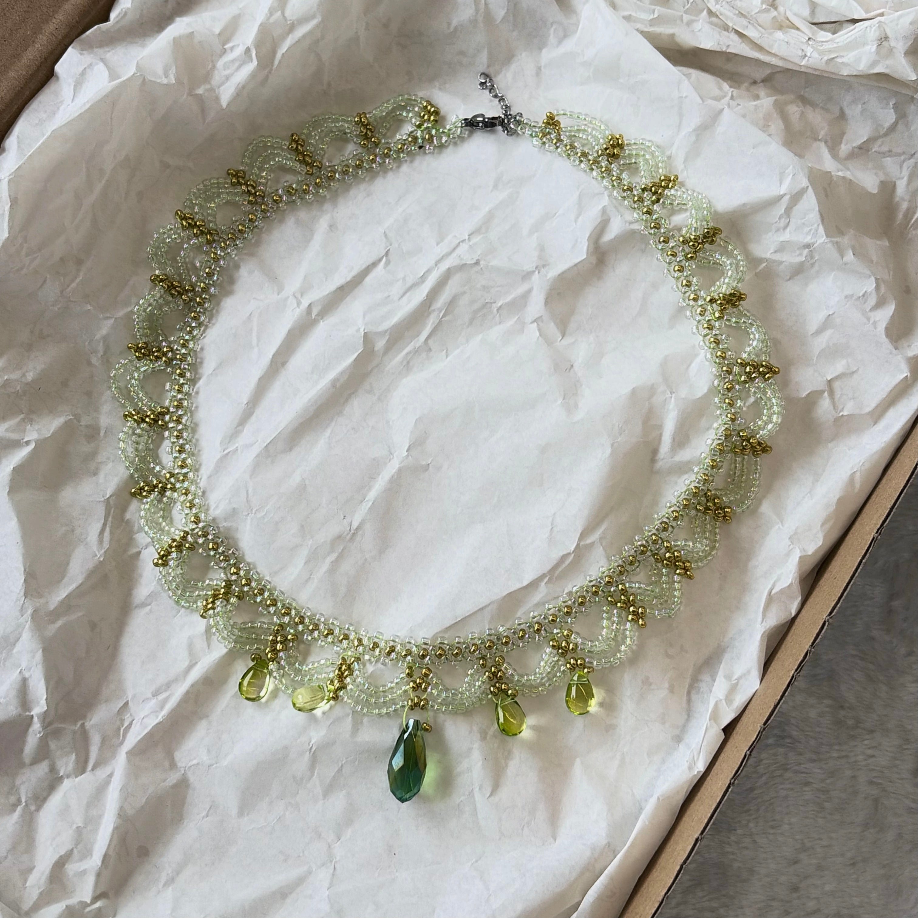 Handwoven Green Lace Beaded Choker Boho Statement Necklace