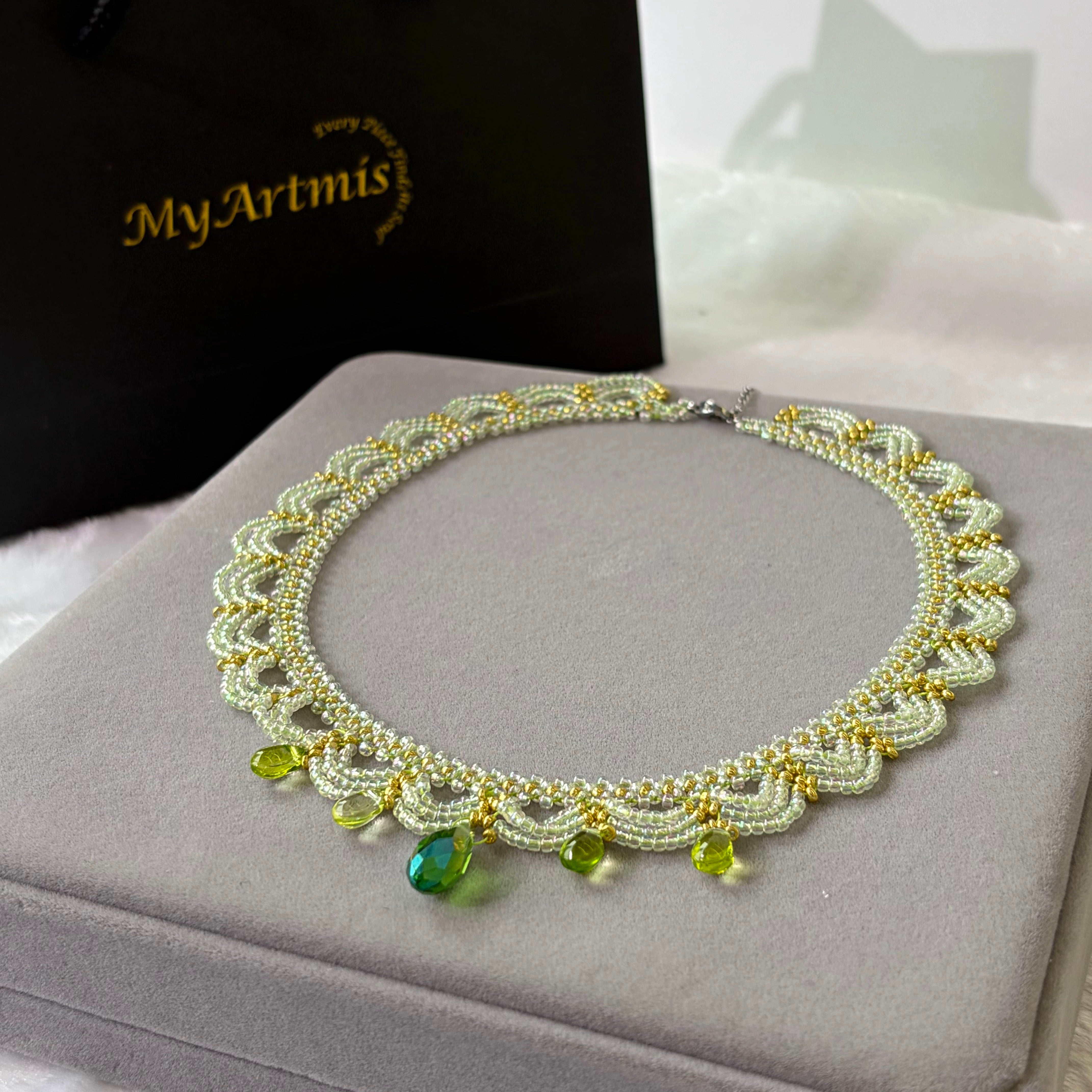 Handwoven Green Lace Beaded Choker Boho Statement Necklace