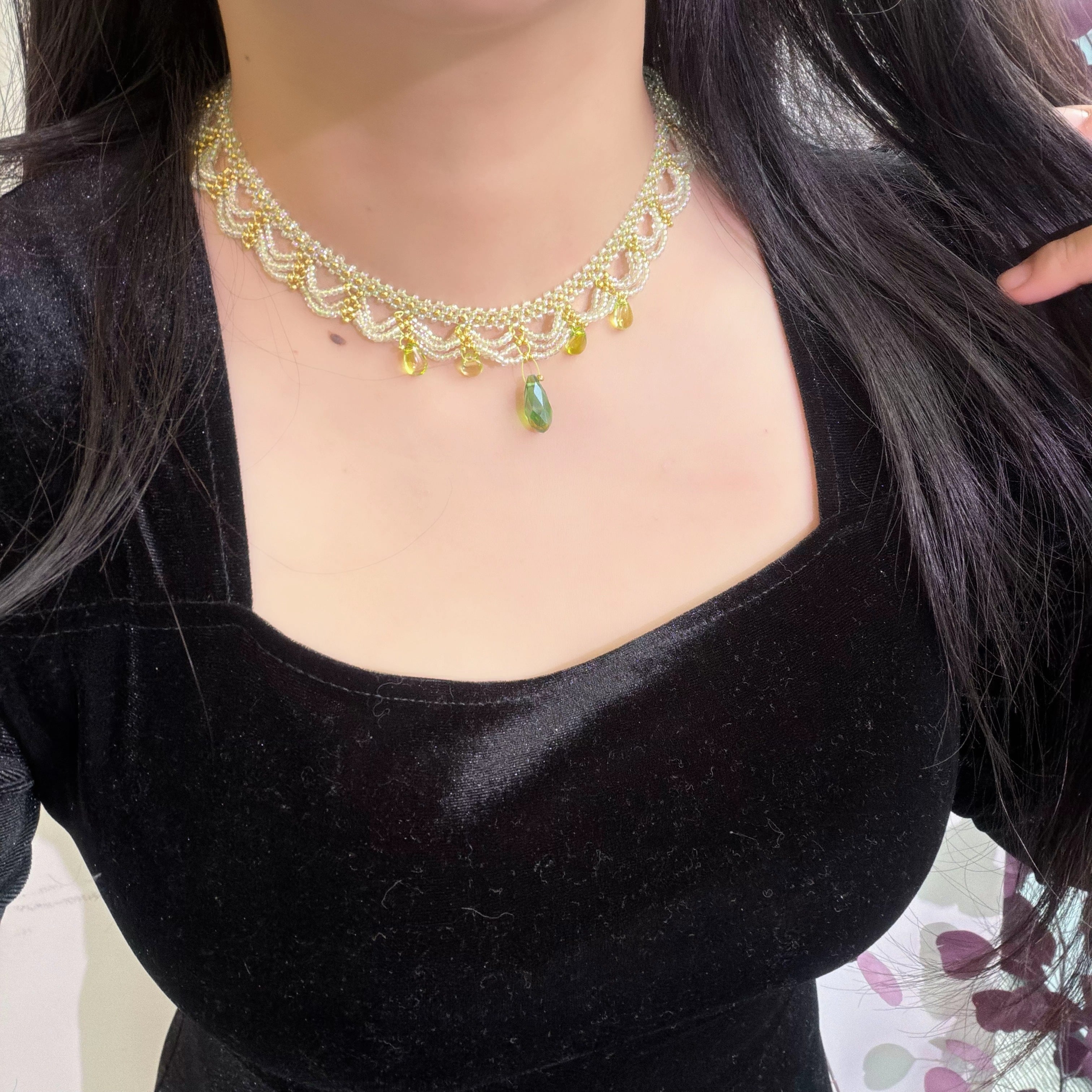 Handwoven Green Lace Beaded Choker Boho Statement Necklace