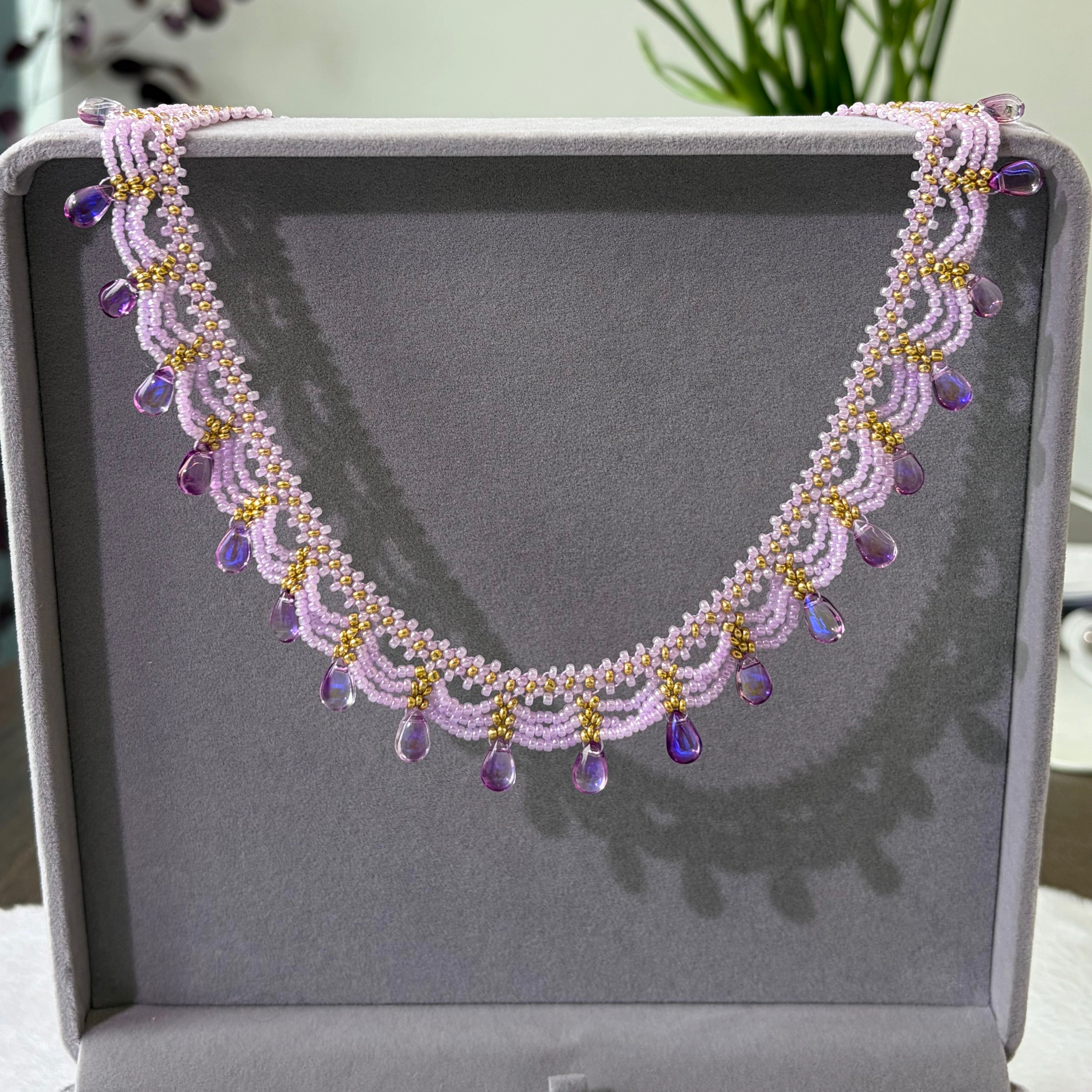 Handwoven Purple Crystal Beaded Lace Vintage Statement Necklace