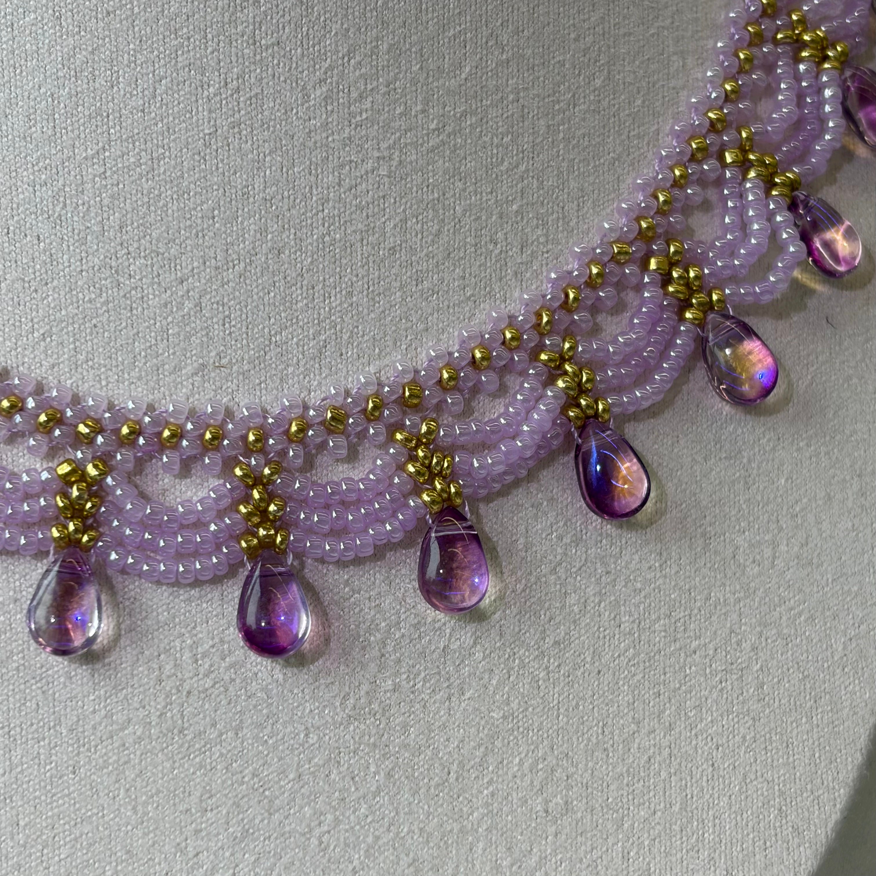Handwoven Purple Crystal Beaded Lace Vintage Statement Necklace