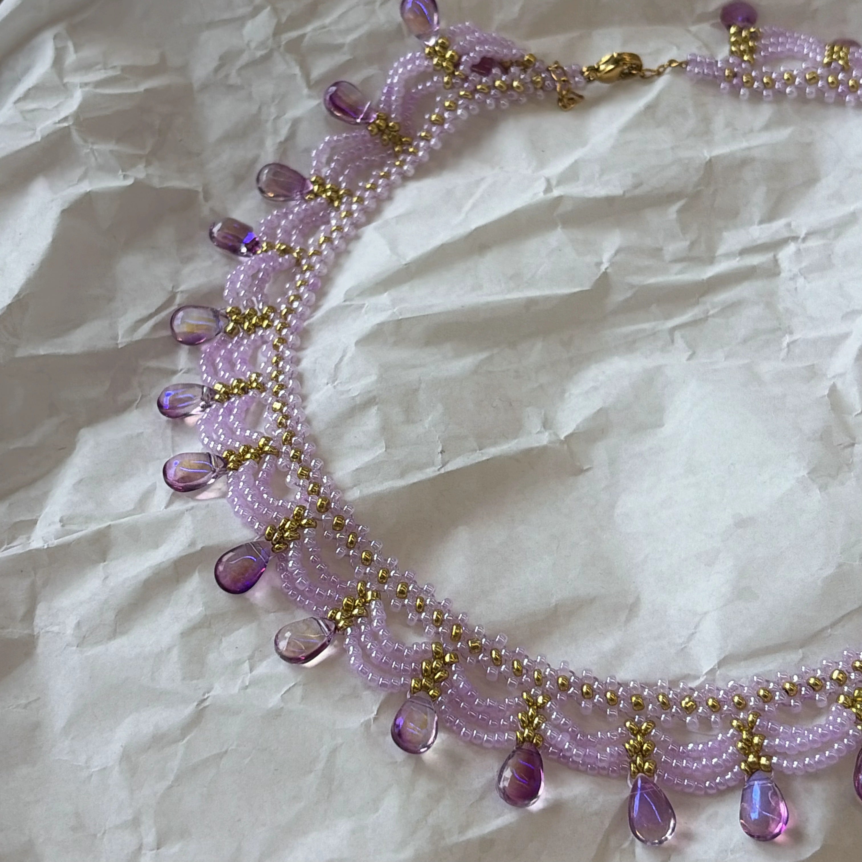 Handwoven Purple Crystal Beaded Lace Vintage Statement Necklace