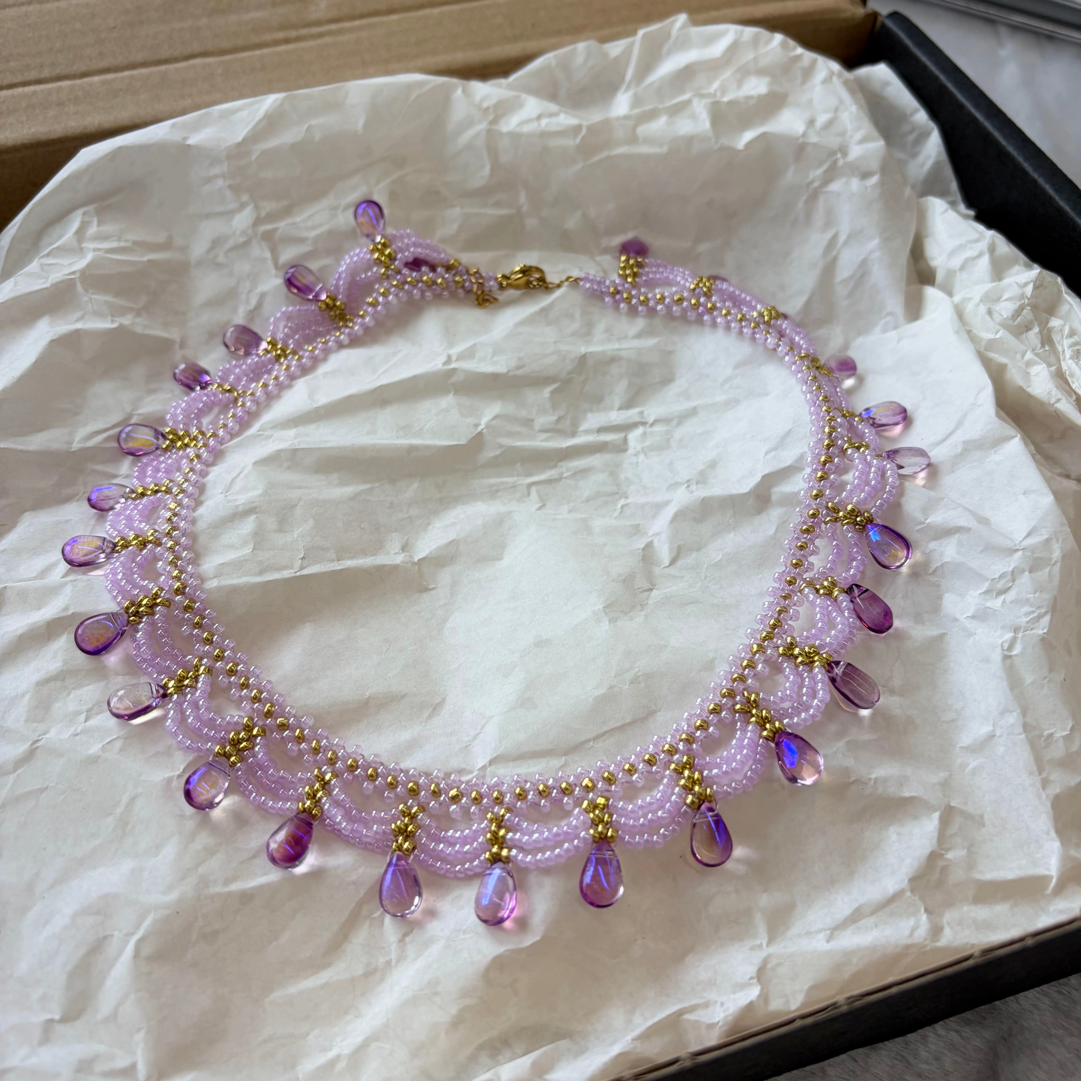 Handwoven Purple Crystal Beaded Lace Vintage Statement Necklace