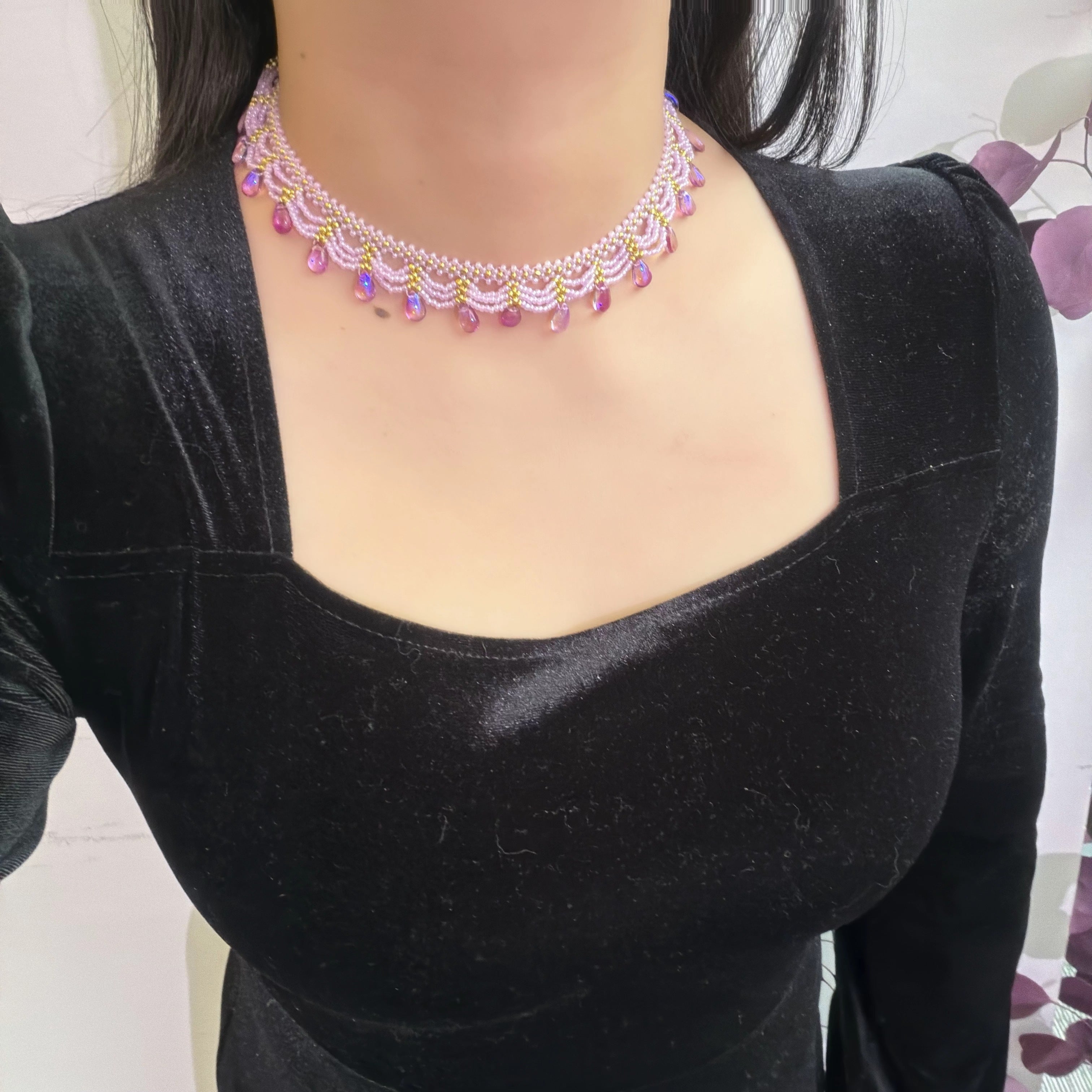 Handwoven Purple Crystal Beaded Lace Vintage Statement Necklace