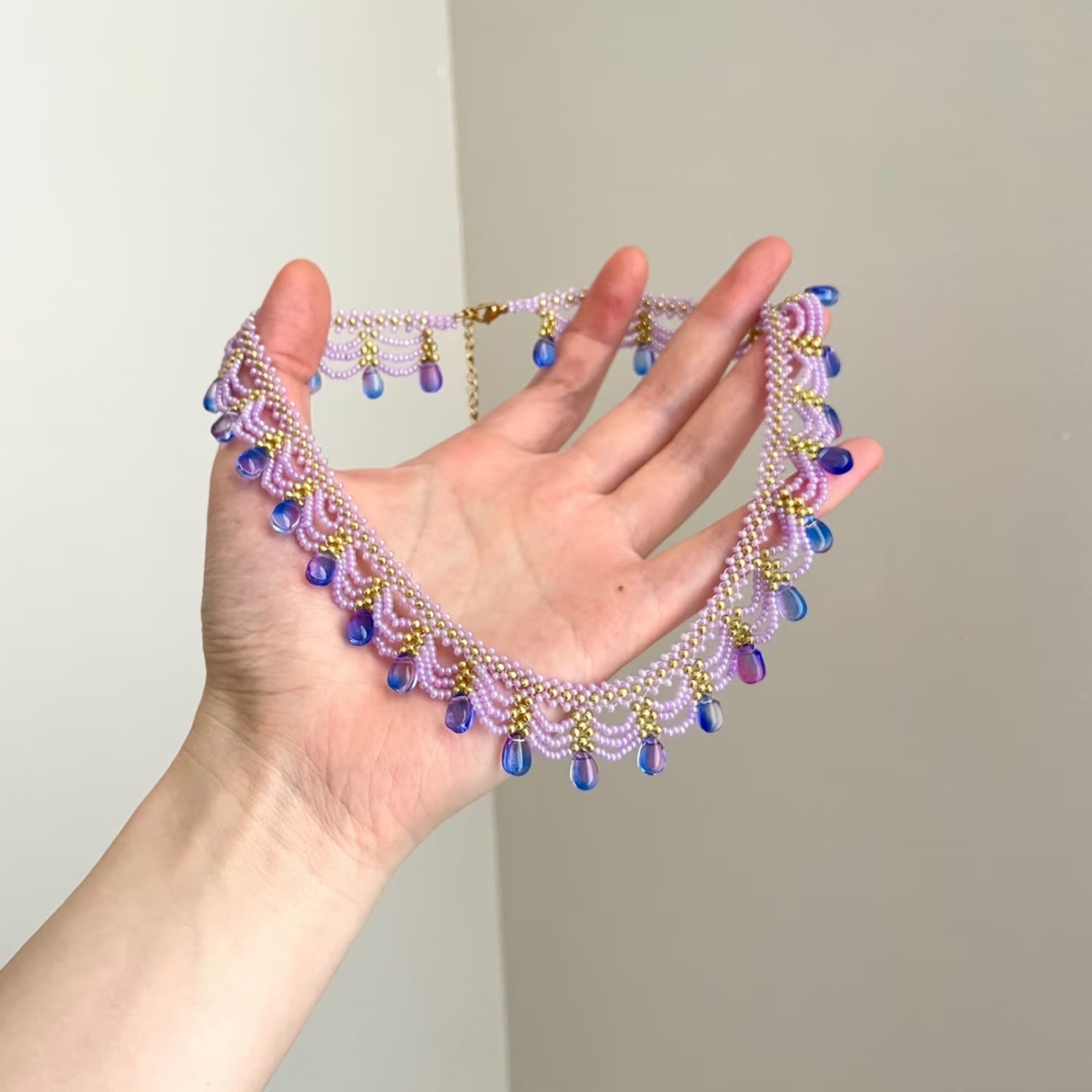 Handwoven Purple Crystal Beaded Lace Vintage Statement Necklace