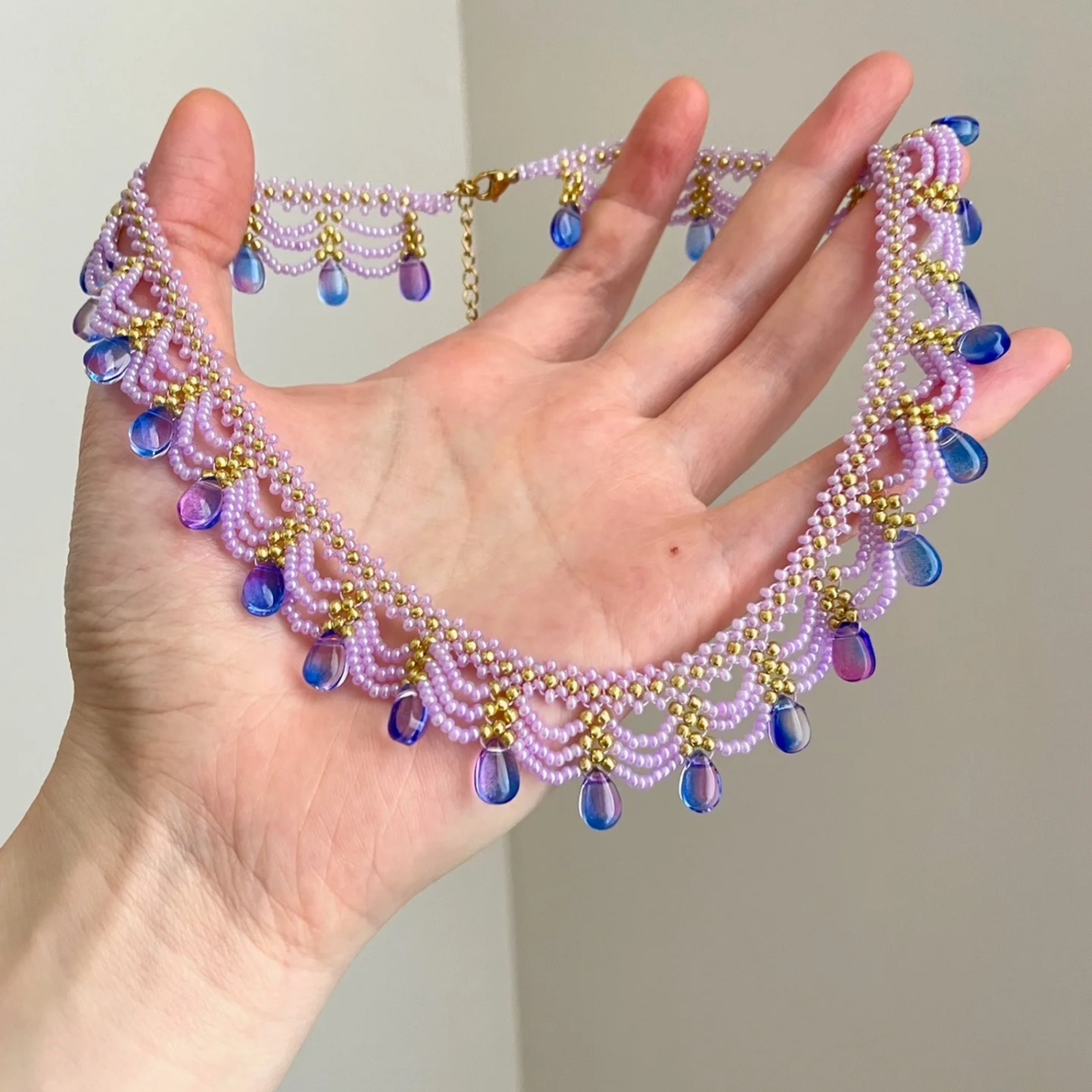 Handwoven Purple Crystal Beaded Lace Vintage Statement Necklace
