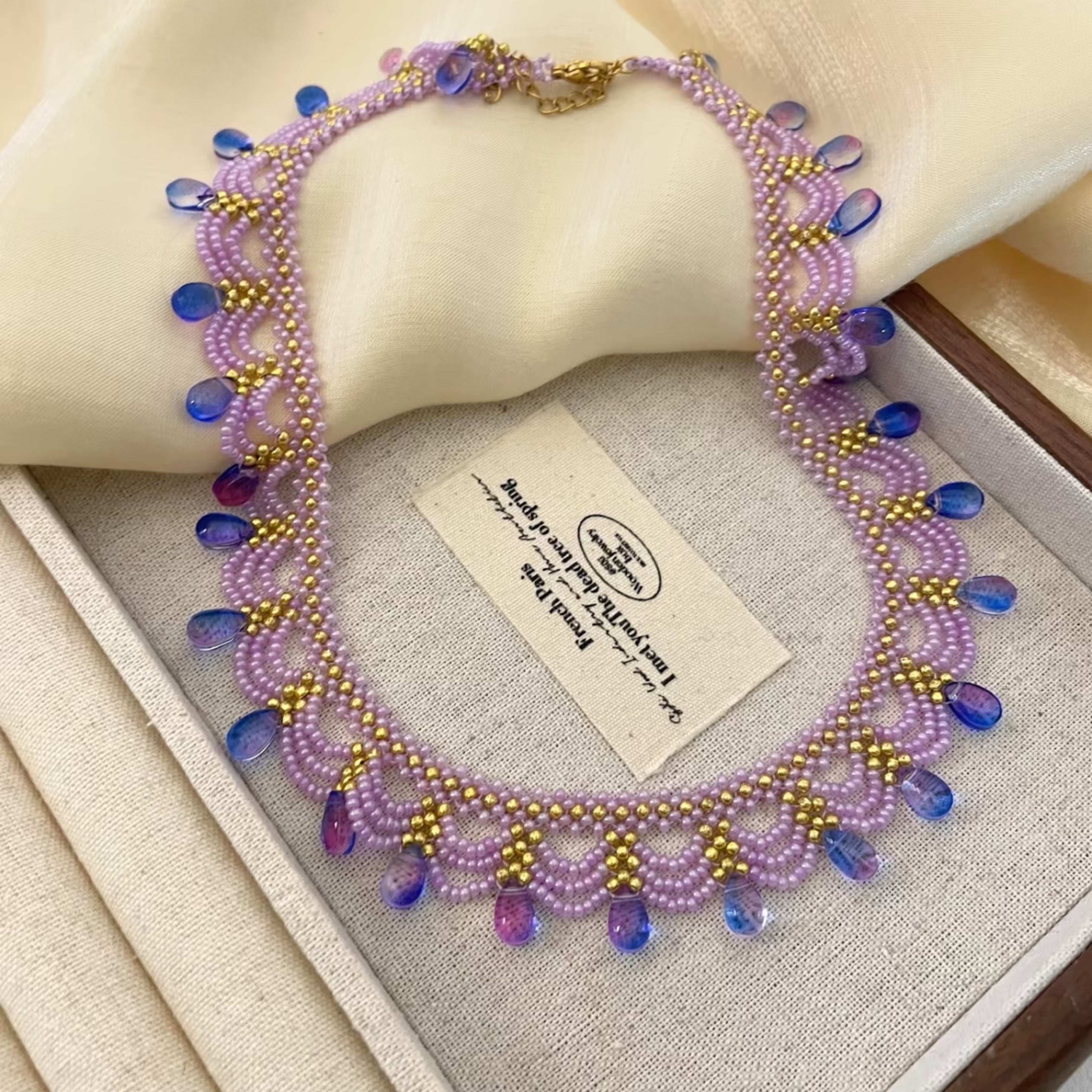Handwoven Purple Crystal Beaded Lace Vintage Statement Necklace
