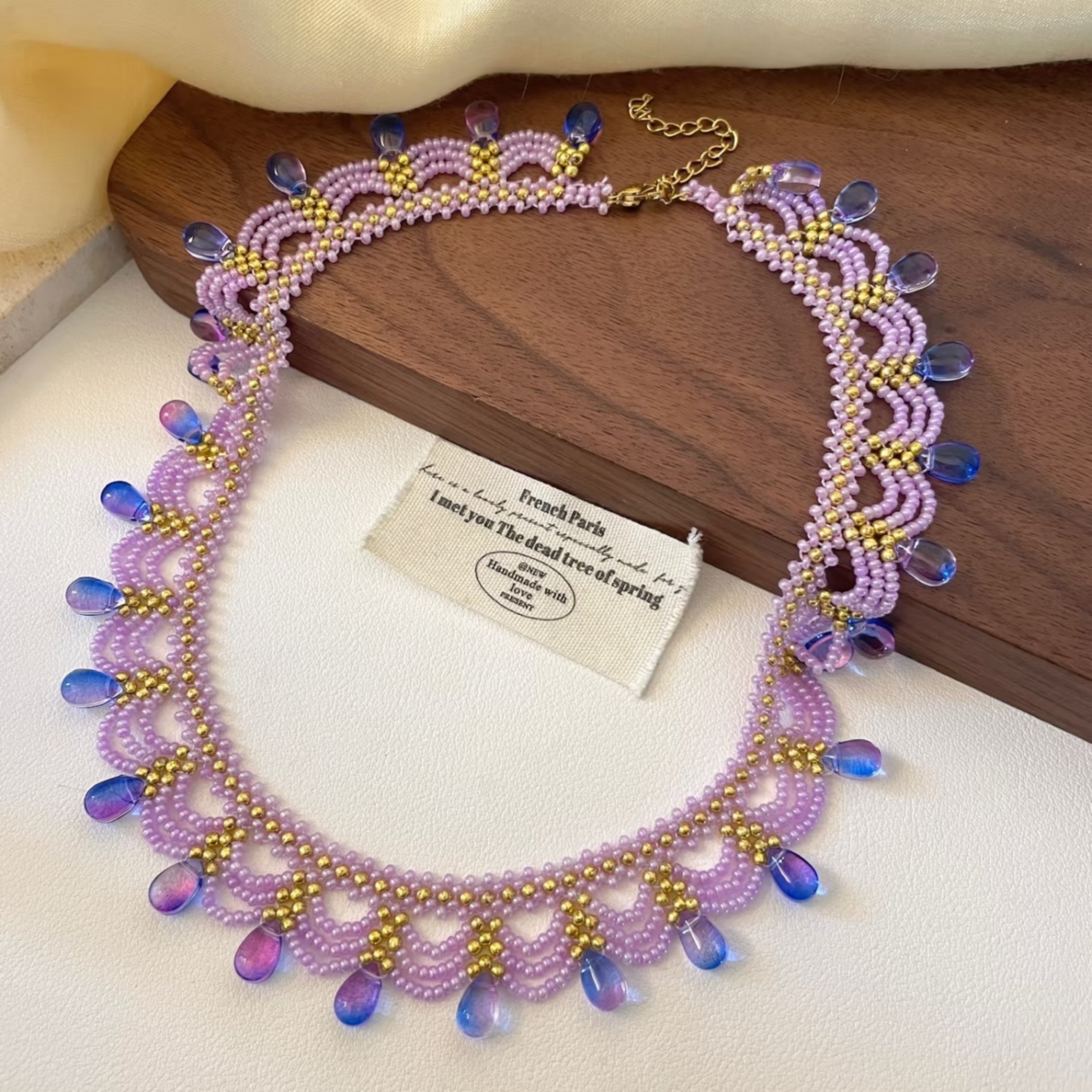 Handwoven Purple Crystal Beaded Lace Vintage Statement Necklace