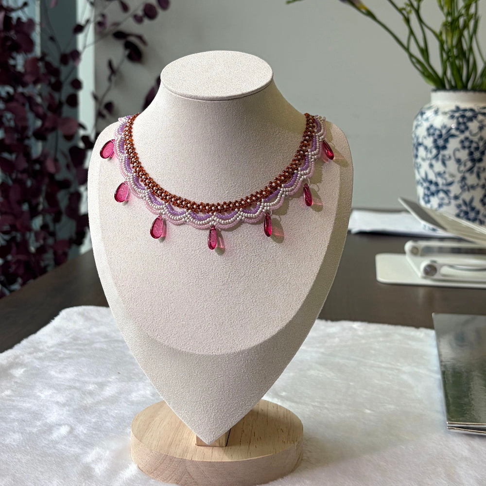 Handwoven Pink Purple Crystal Drop Beaded Lace Necklace