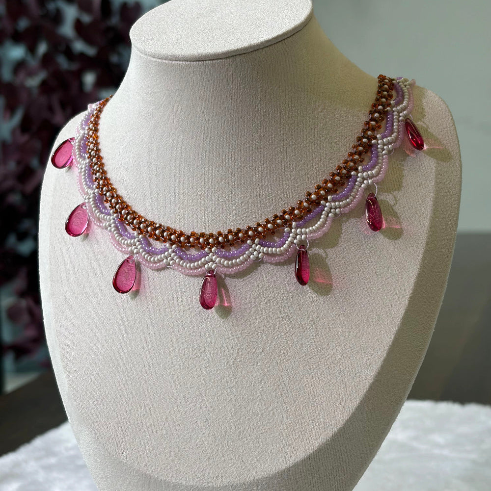 Handwoven Pink Purple Crystal Drop Beaded Lace Necklace