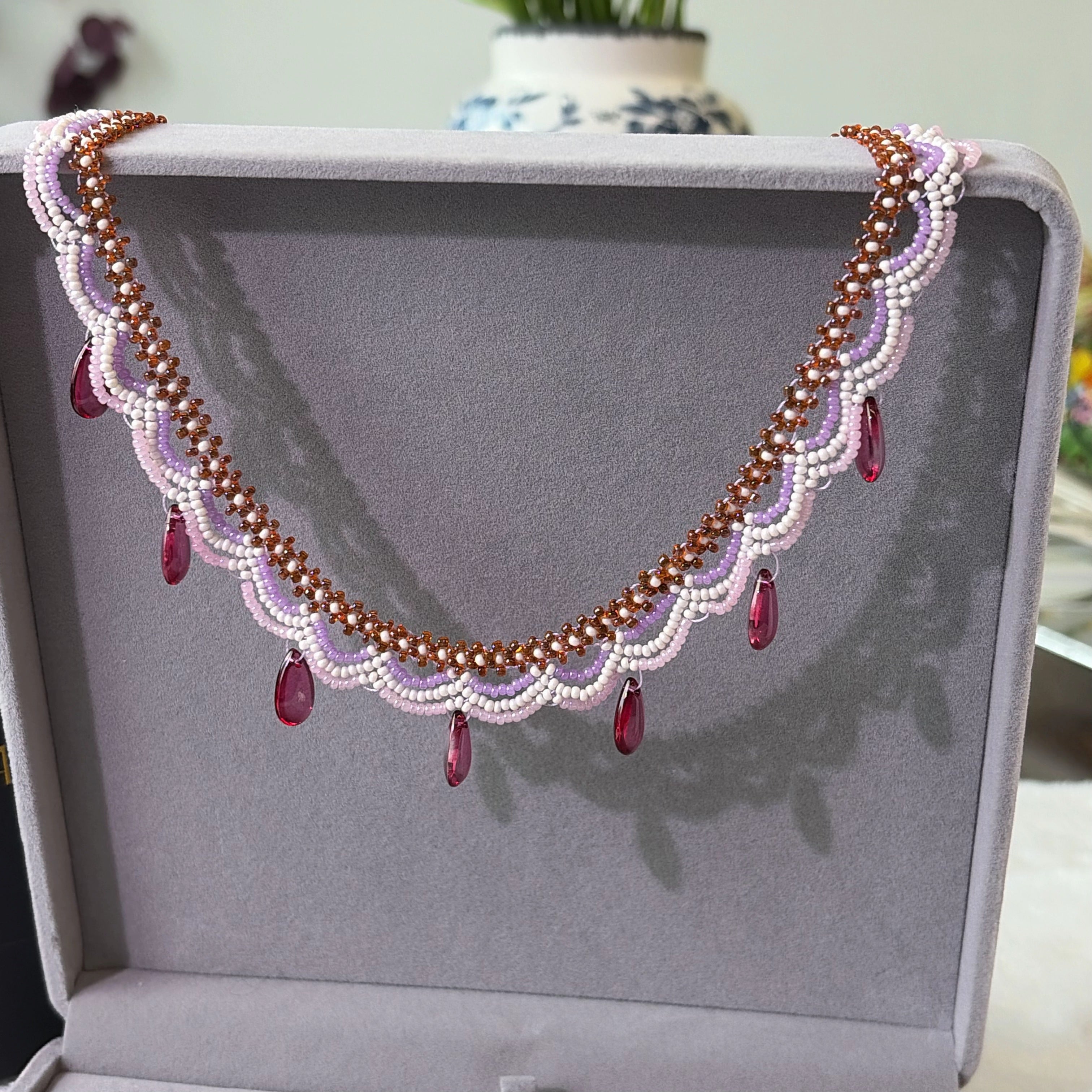 Handwoven Pink Purple Crystal Drop Beaded Lace Necklace