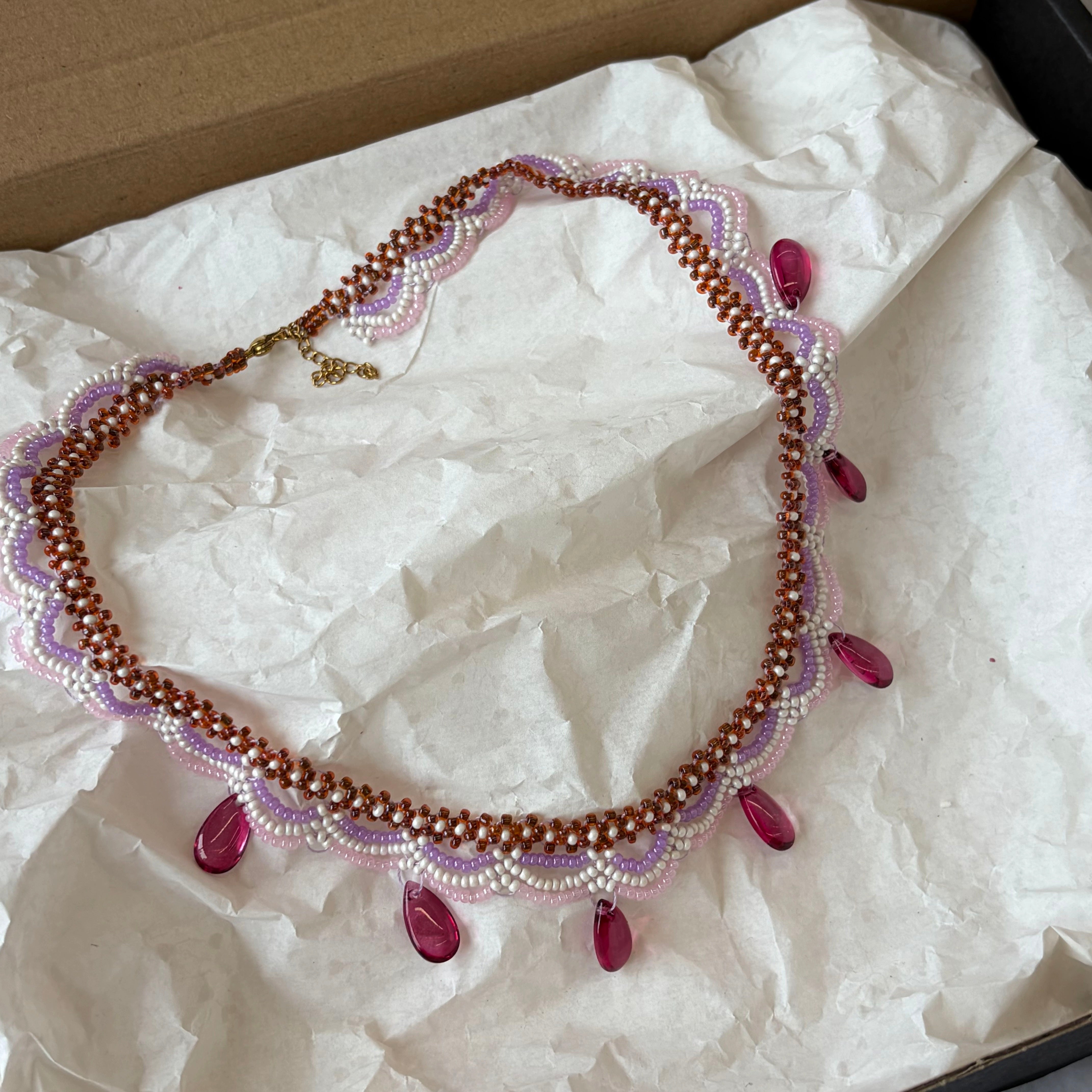 Handwoven Pink Purple Crystal Drop Beaded Lace Necklace