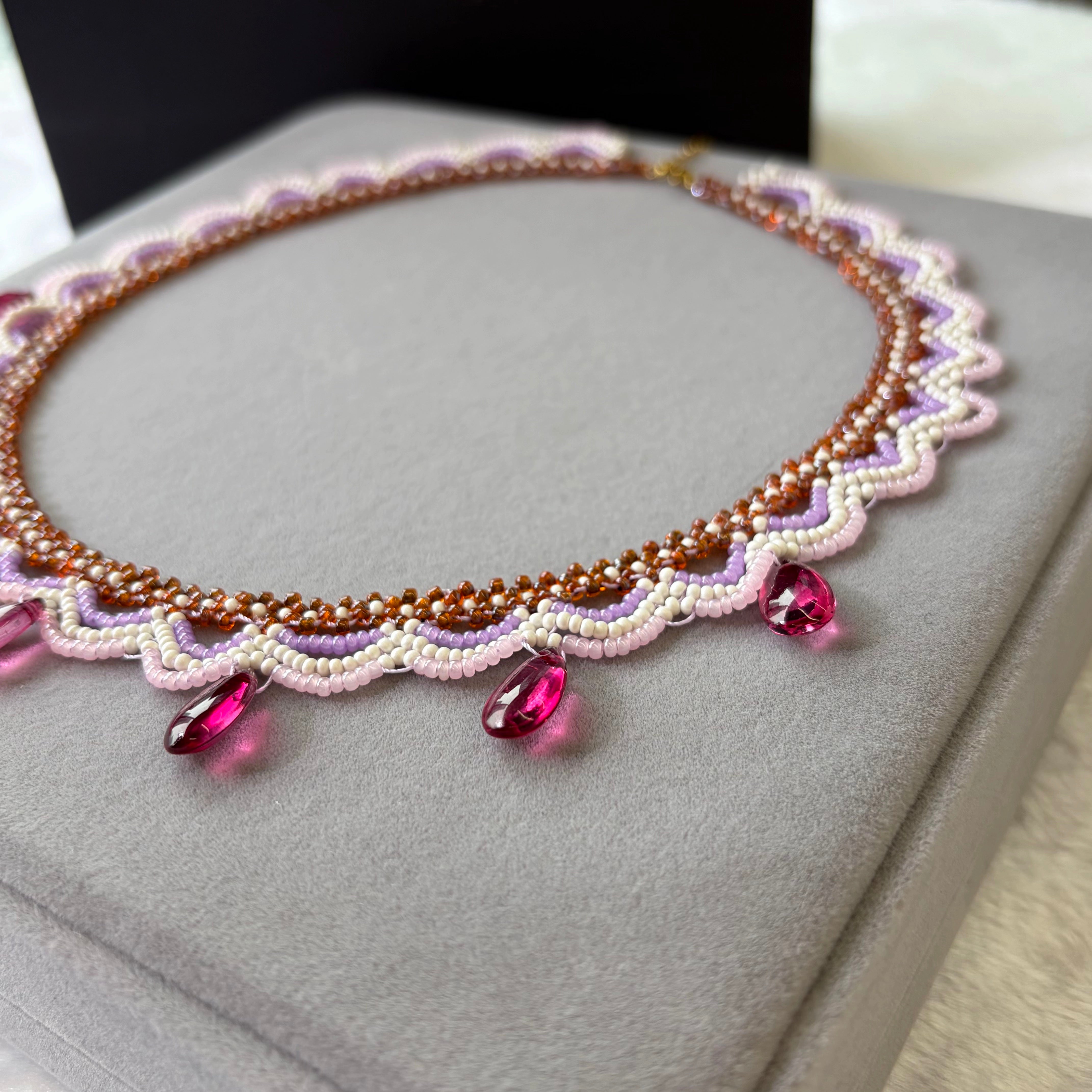 Handwoven Pink Purple Crystal Drop Beaded Lace Necklace