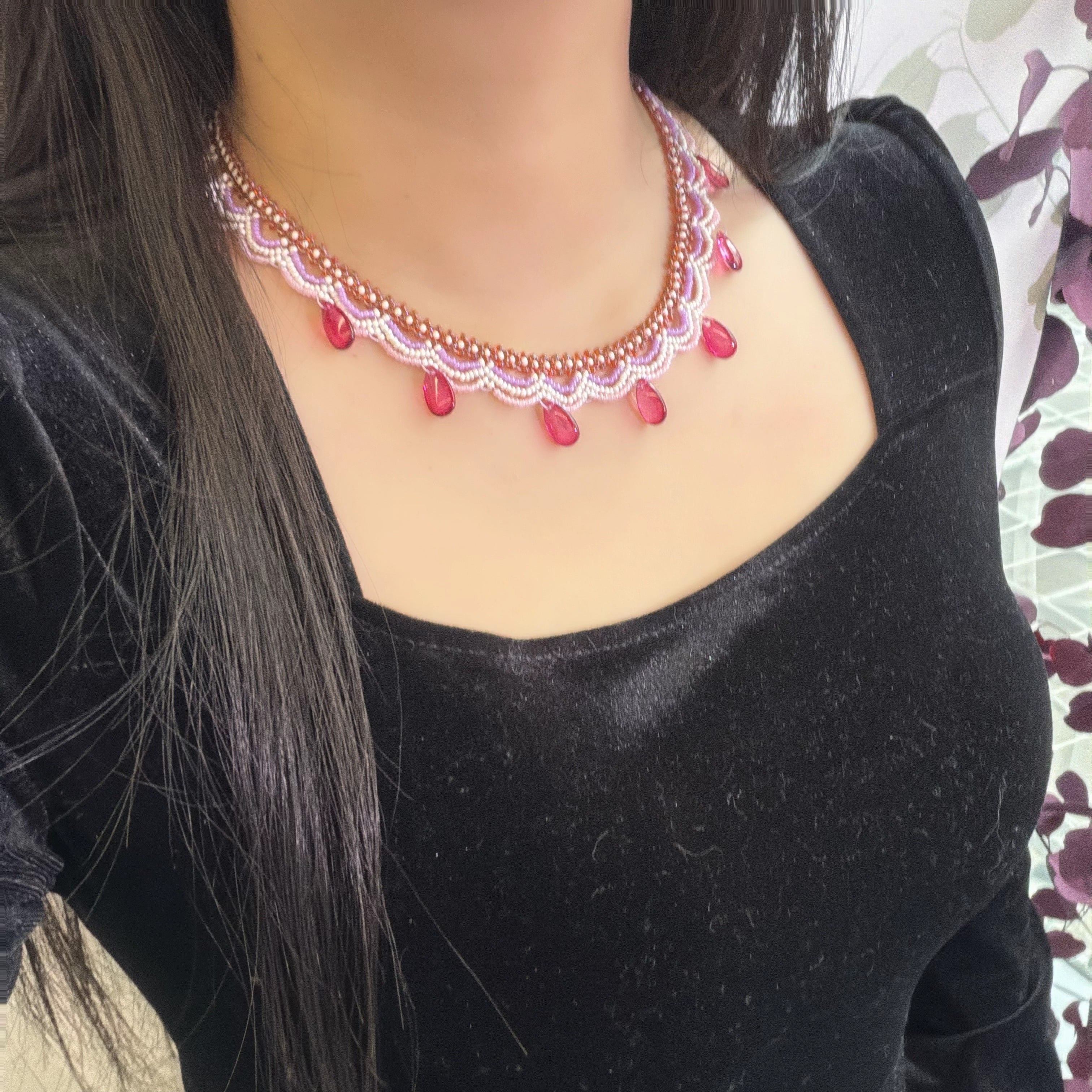 Handwoven Pink Purple Crystal Drop Beaded Lace Necklace