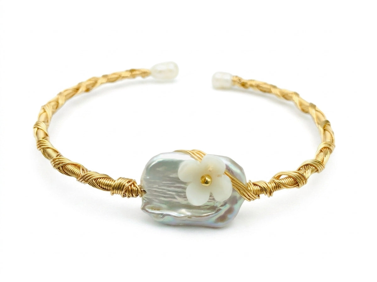 Handmade Wire Wrapped Pearl Bangle, Freshwater Baroque Pearl Silver Cuff Bracelet, Unique Bridal Gift for Her, Adjustable Jewelry