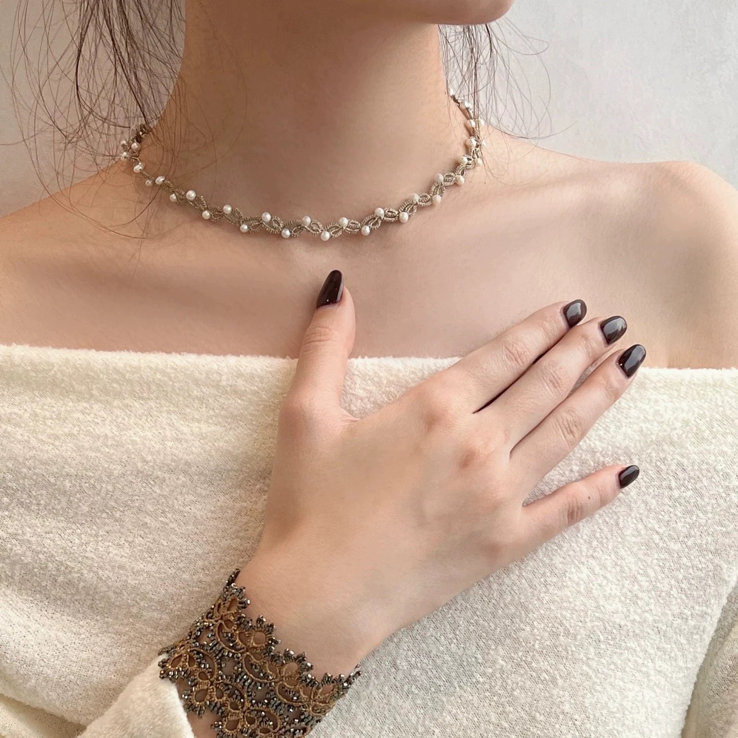 Tatting Lace Pearl Handmade Delicate Vintage Bridal Necklace